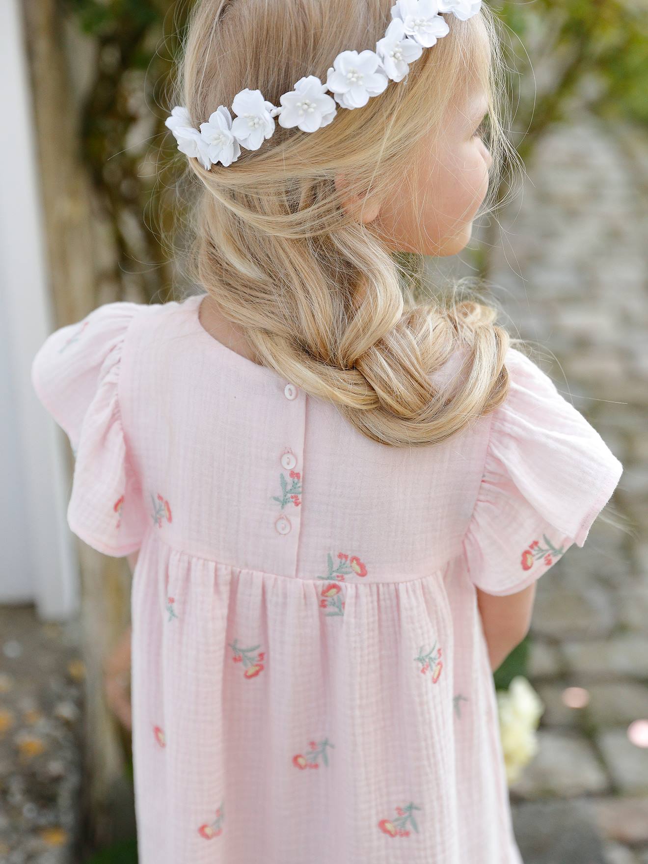 Vertbaudet Mädchen Kleid mit Stickereien, Musselin - rosa