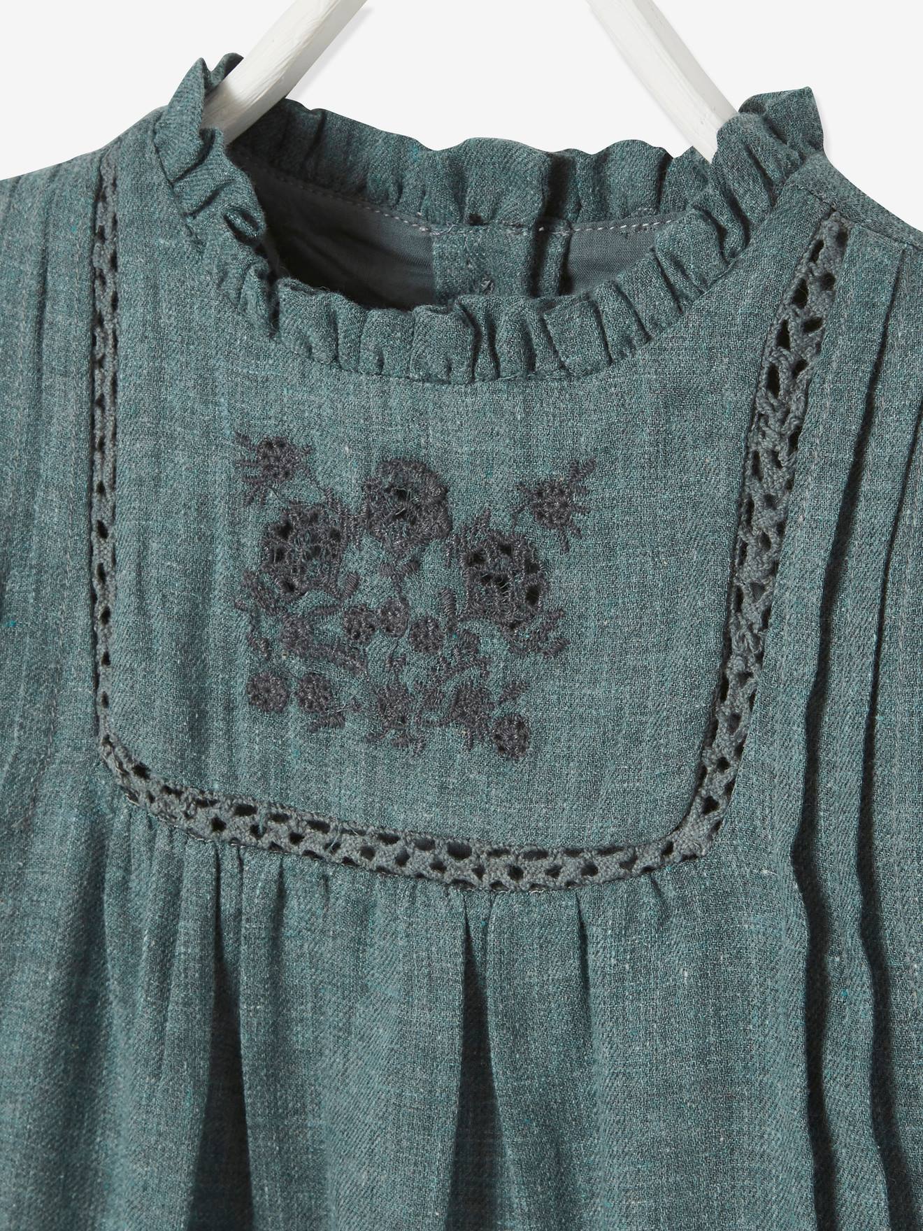 Robe avec plastron brodé bébé vert grisé