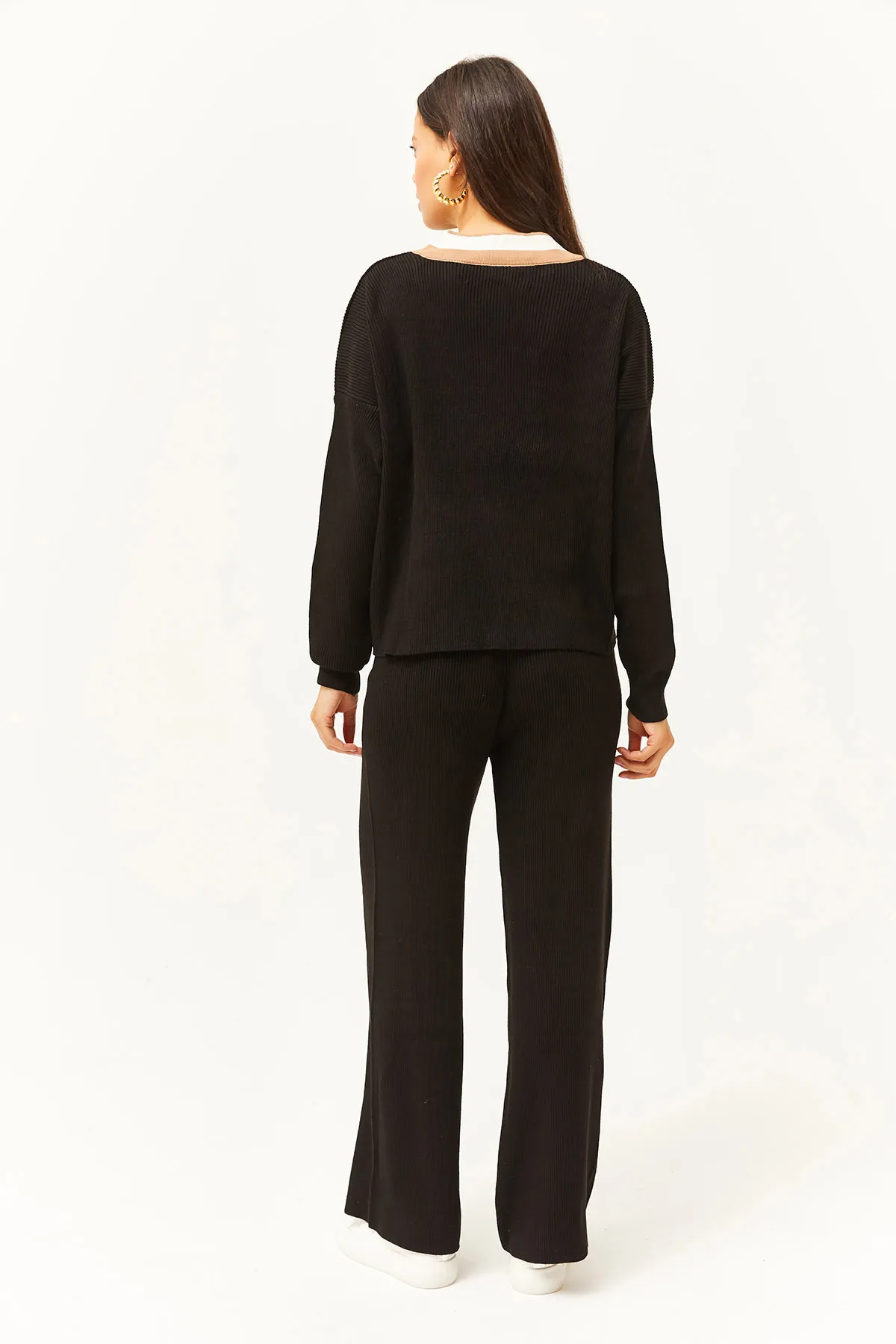 Olalook  Schwarzes Strickset mit Oberteil und V-Ausschnitt für Damen, Palazzo-Hose, TKM-19000226