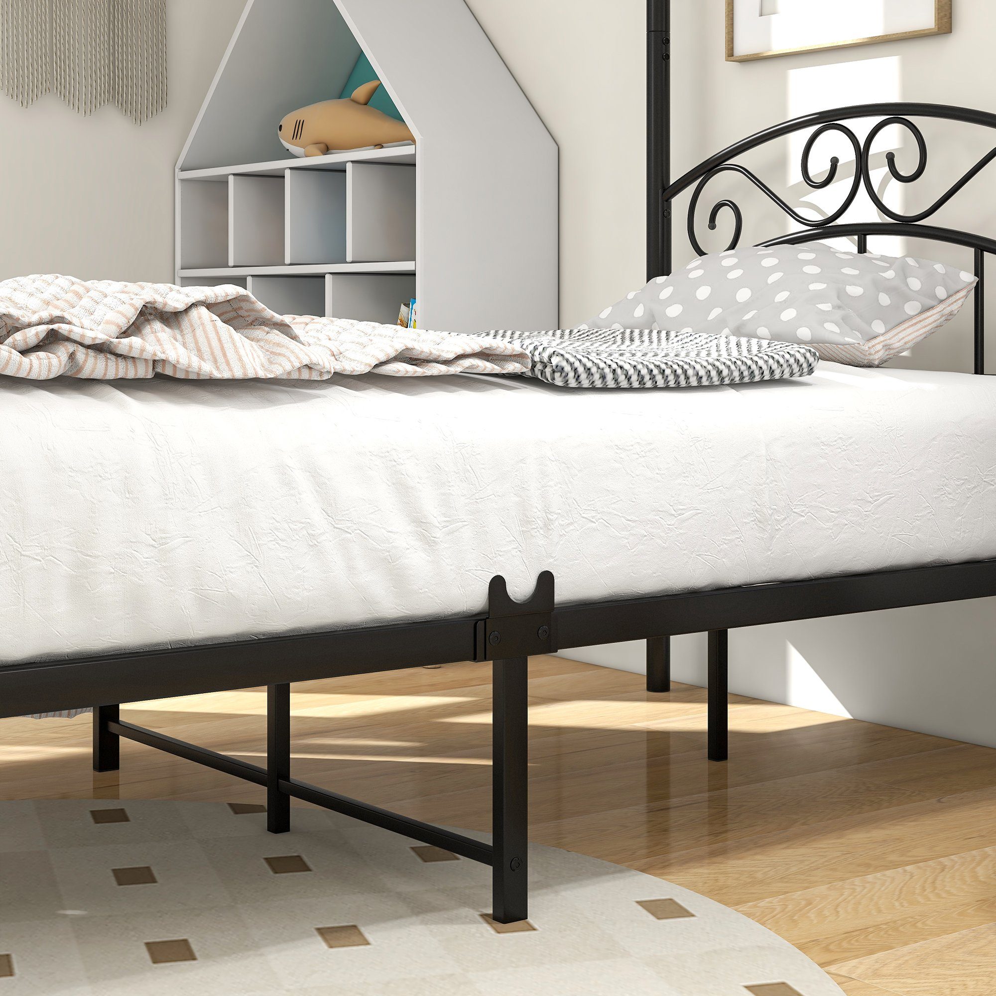 OKWISH Metallbett Einzelbett, Himmelbett-Gestell Metall Himmelbett Eisenbett (Schlafzimmerbett Bettrahmen 90x190cm, mit Himmel Metallbett Klassisch Design), Ohne Matratze