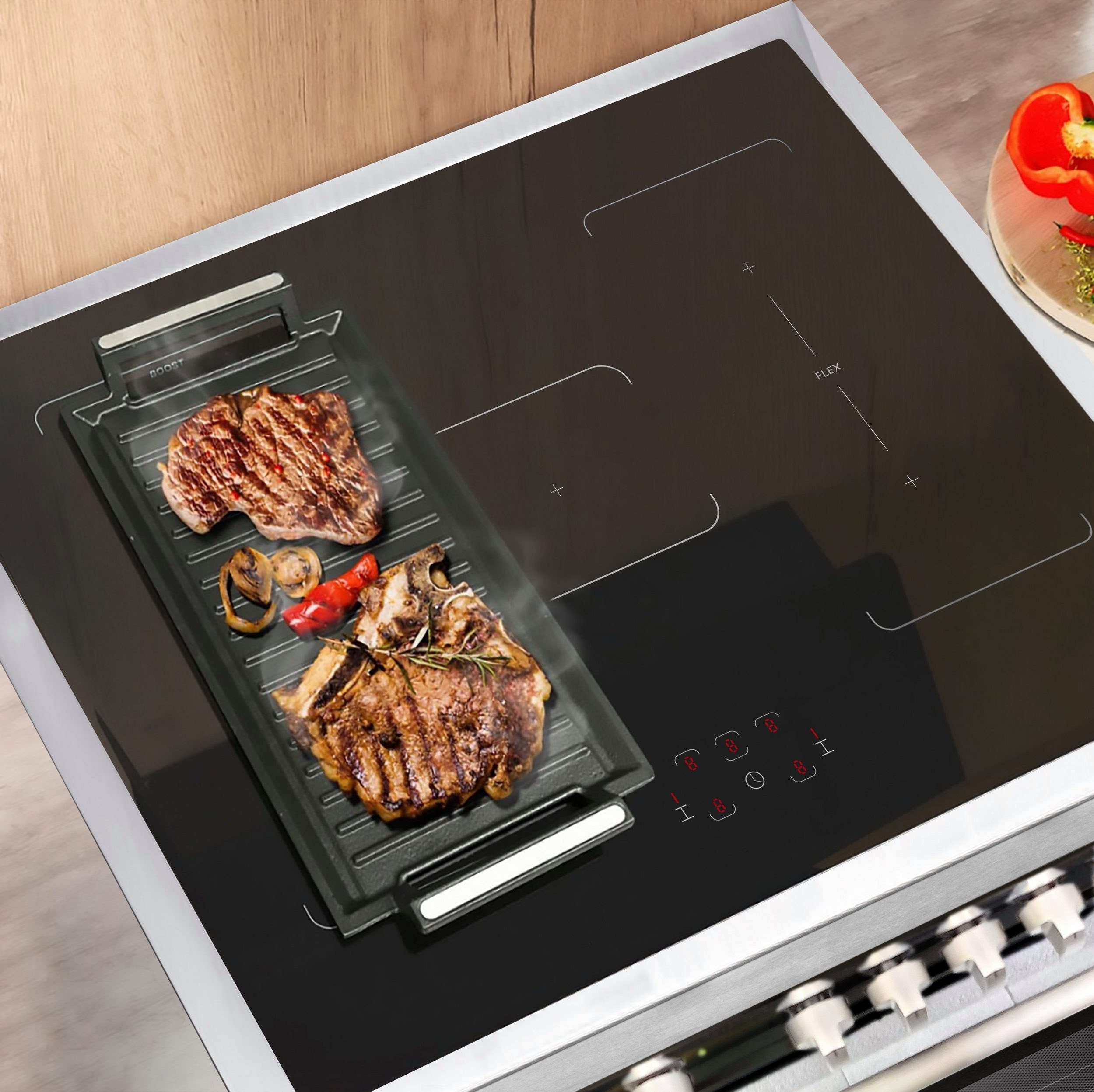 GURARI Induktions-Standherd E 913 BL+Grillplatte, Range Cooker 90 cm/ FLEX ZONEN/ Booster/ 5 Zonen / 121L