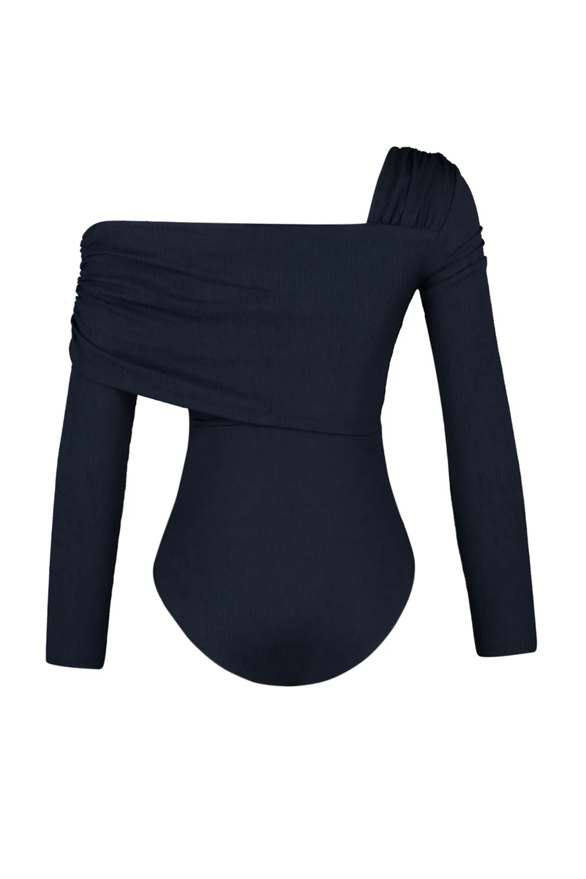 Trendyol Collection  Schwarzer asymmetrischer Kragen, detailreich drapiert, tailliert/körperbetont, figurbetonter Strickbody mit Wickelnieten TWOAW23BD00043