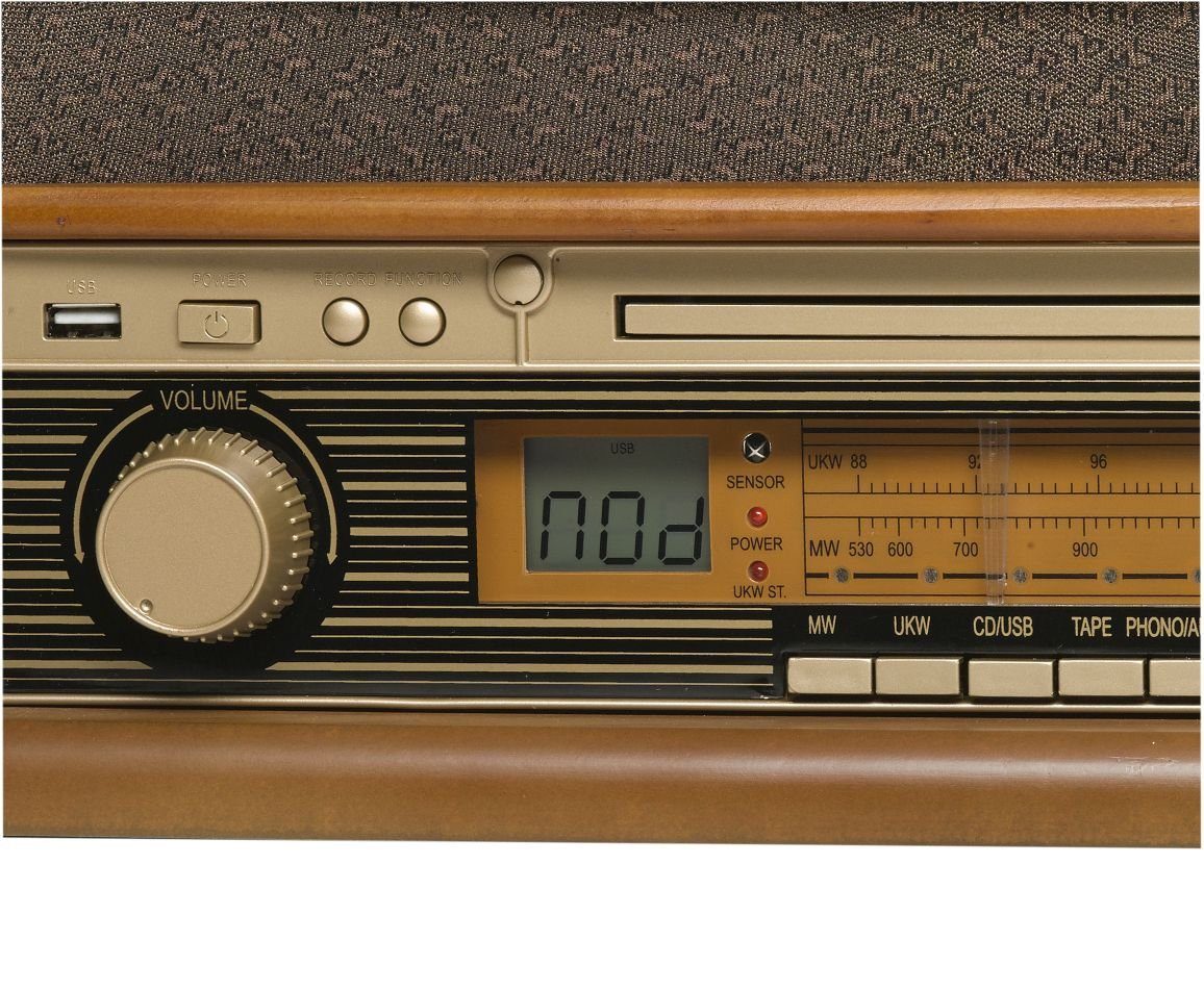 Denver MCR-50MK2 Retro Plattenspieler aus Holz mit Radio Kassette Soundbox Radioplattenspieler (Riemenantrieb, CD Player mit MP3 Wiedergabe, USB für MP3 Wiedergabe und Aufnahme, Kassettendeck auf der Seite des Geräts, AM/FM Radio mit Antenne, LCD Dis