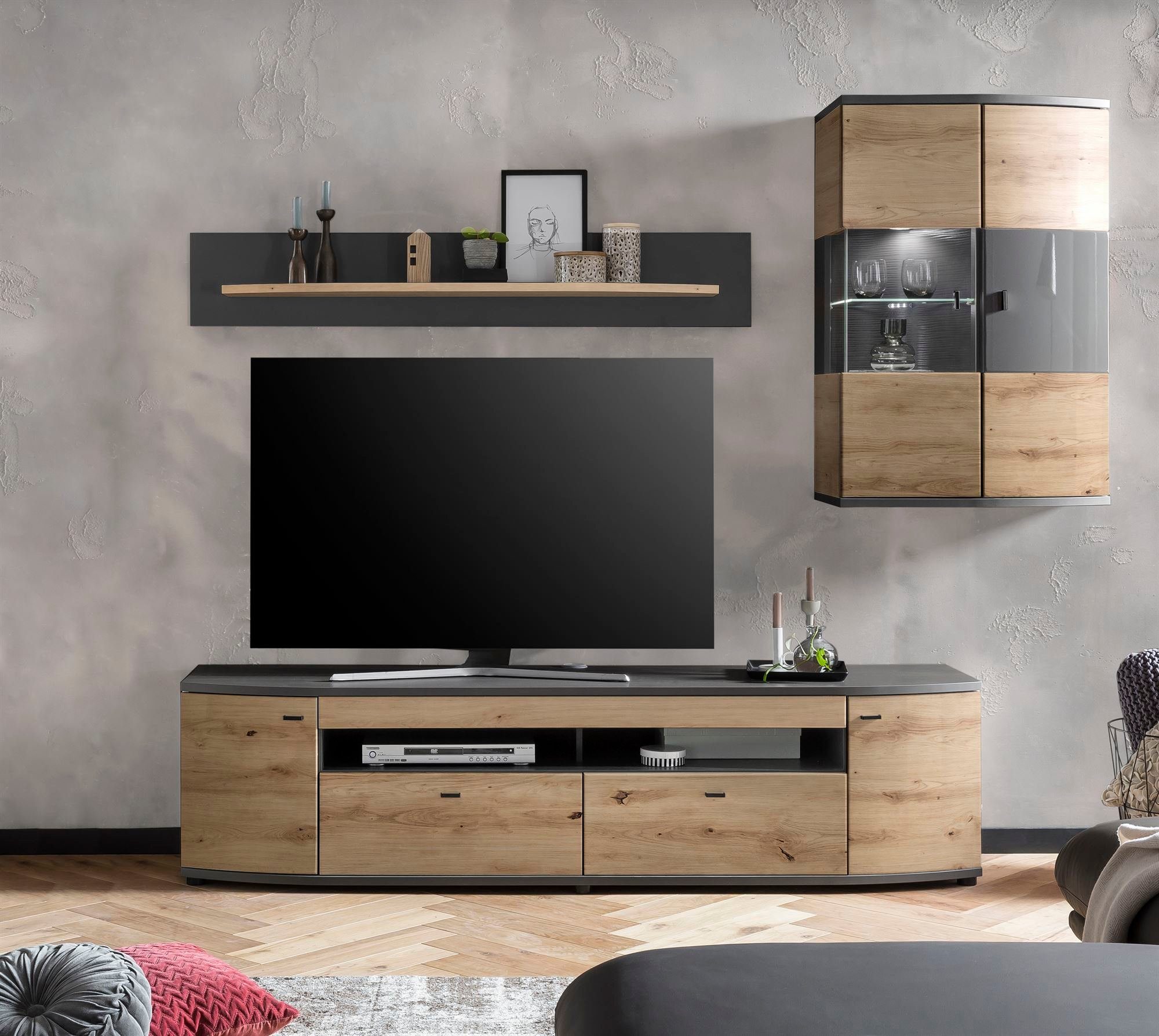 58 aufm Kessel Wohnwand Wohnkombination Jacinthe 235x200x46 Eiche/Anthrazit/Anthrazit HG 10184, (Komplettset, 3-St), Türen mit Selbsteinzug und Dämpfung