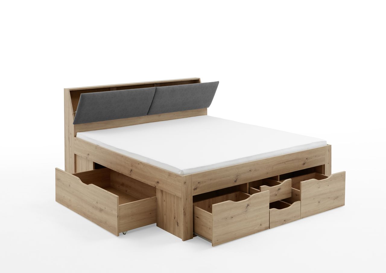 Relita Funktionsbett Maxi 180 x 200 cm, ohne Lattenrost mit 6 Bettschubladen und Stauraum-Polster-Kopfteil Eiche Artisan Dekor