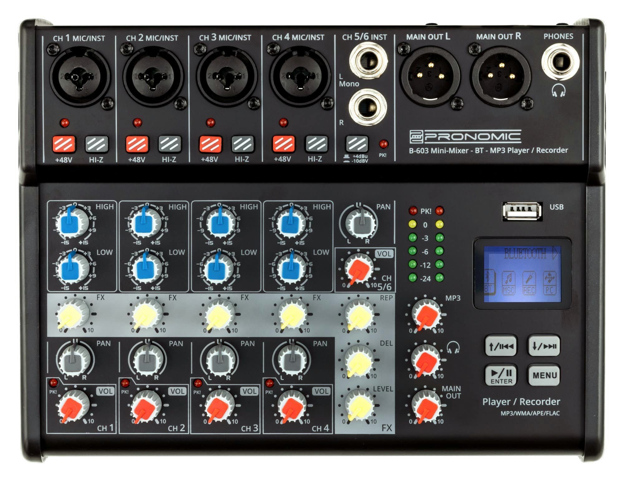 Pronomic Mischpult B-603 6-Kanal Mini-Mixer - Live/Studio DJ Mixer, mit Bluetooth und USB-Recording
