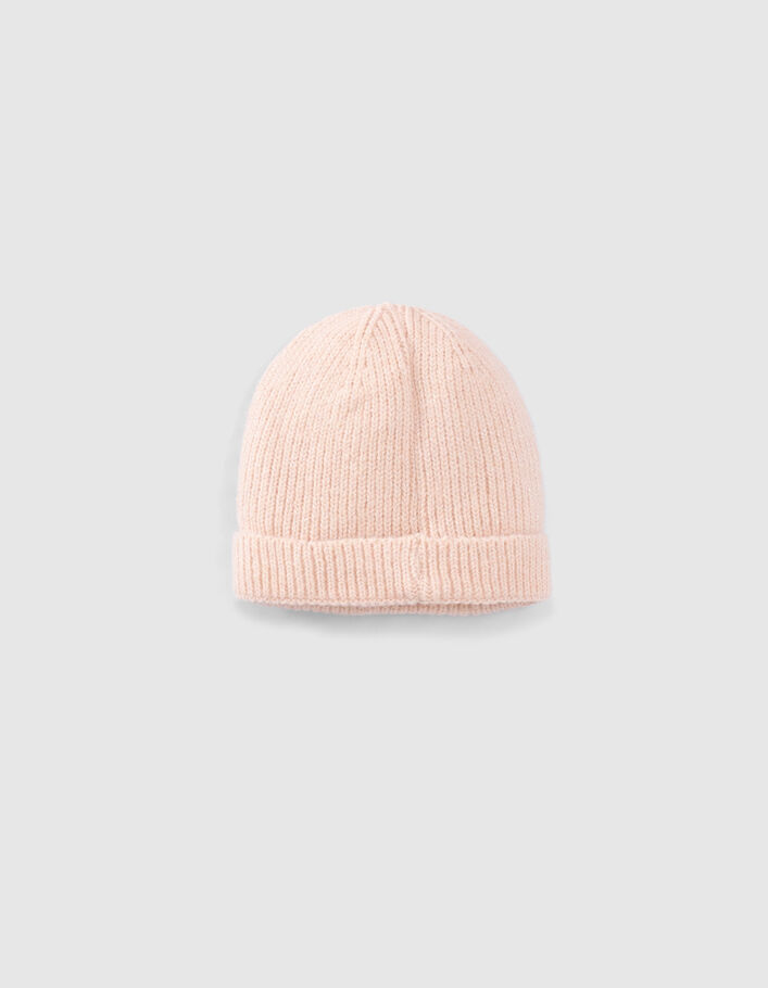Bonnet rose poudré tricot lurex fourré bébé fille