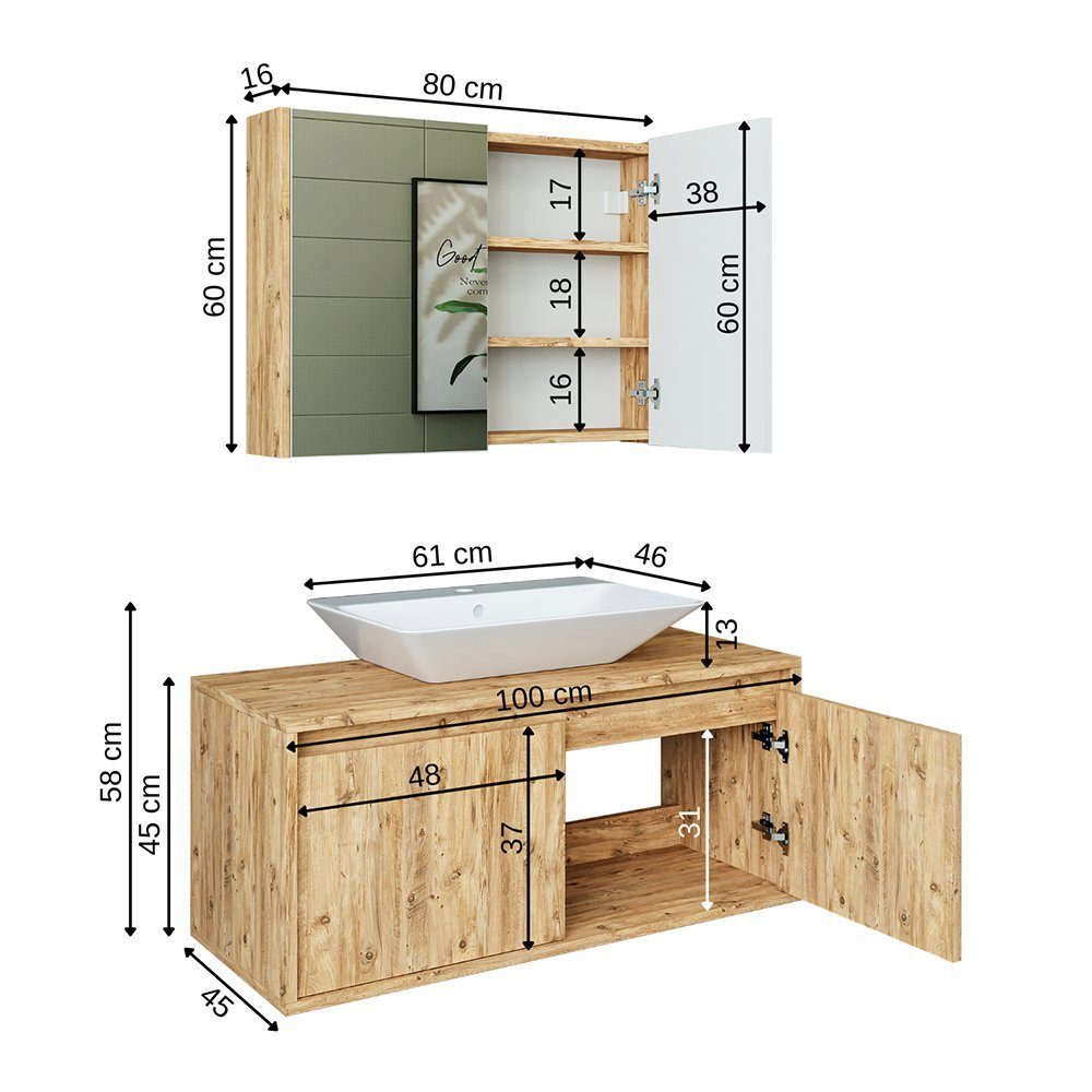 Roomart Badmöbel-Set, (Badmöbel Set 3-teilig 100cm Unterschrank mit Waschbecken Spiegelscrank)