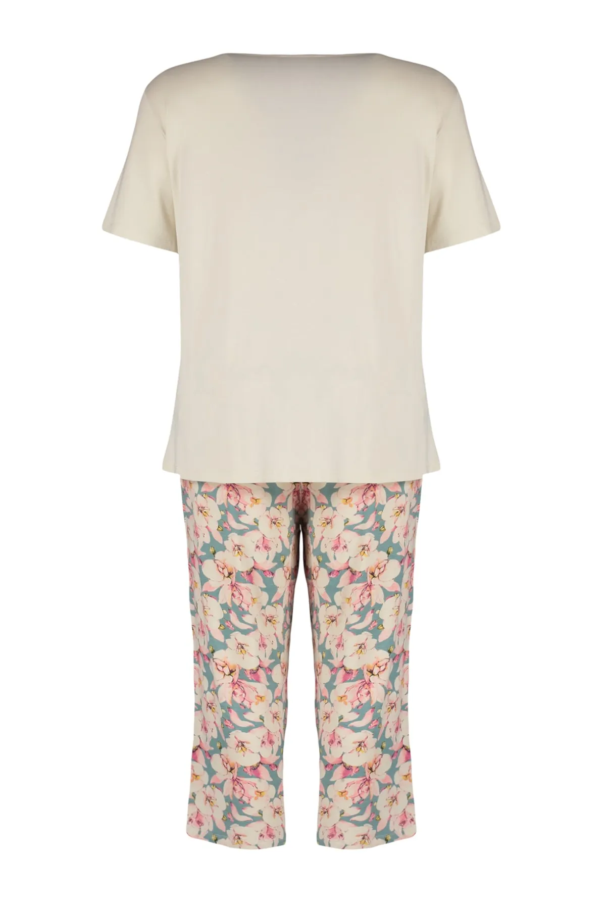 Trendyol Curve  Ecrufarbenes, kurzärmliges Pyjama-Set aus Strick mit Blumenmuster TBBSS23AI00009