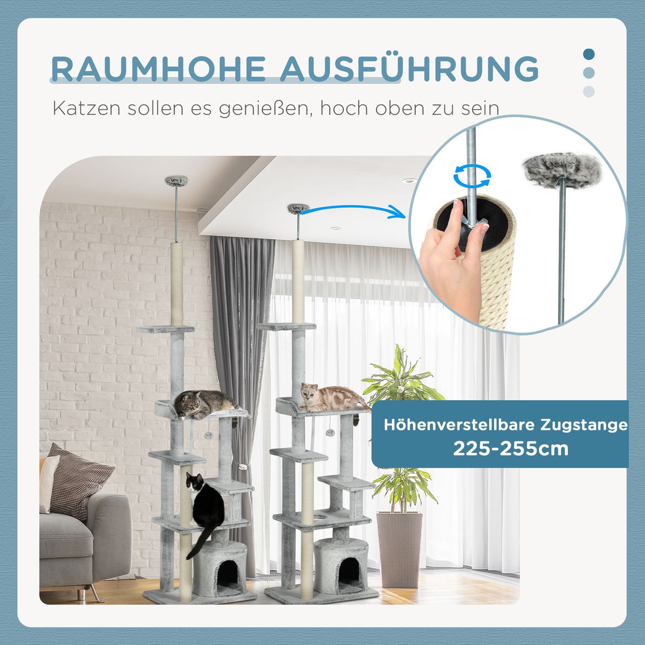 PawHut Hoher Kratzbaum 2,25-2,55m 6 Etagen Katzenhaus Plüschbezug Hellgrau