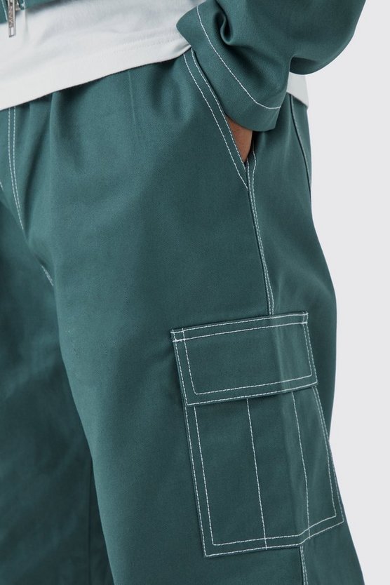 Lockere Twill Cargohose mit Kontrast-Naht und elastischem Bund