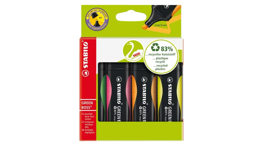 STABILO® Umweltfreundlicher Textmarker - STABILO GREEN BOSS - 4er Pack - grün, rosa, orange, gelb sortiert