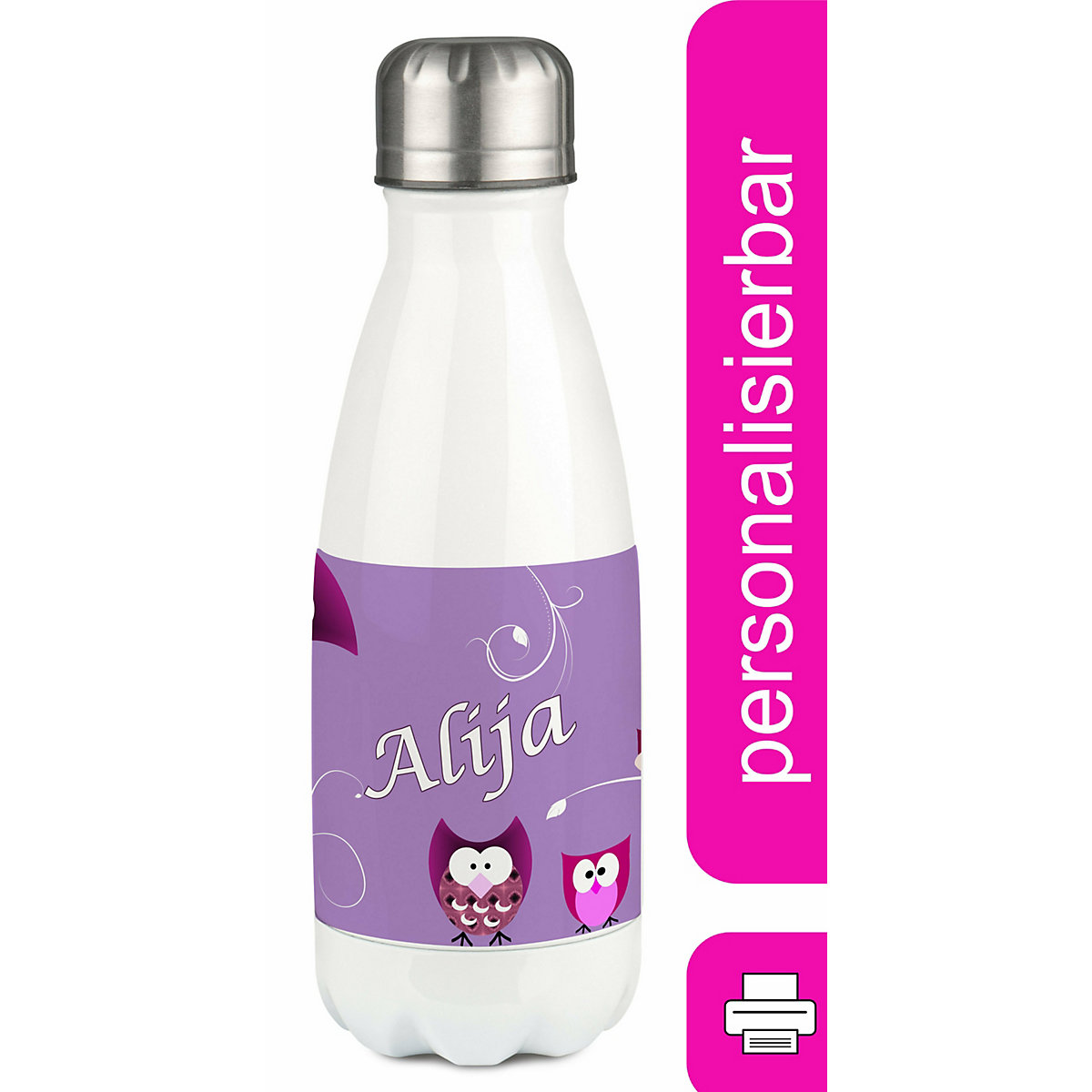 Edelstahl Kinder Thermoflasche / Trinkflasche bunt Eule Farbe lila Spülmaschinenfest, Auslaufsicher, Bruchfest, Doppelwandig, Für Heißgetränke geeignet, Mit Deckel, Isoliert