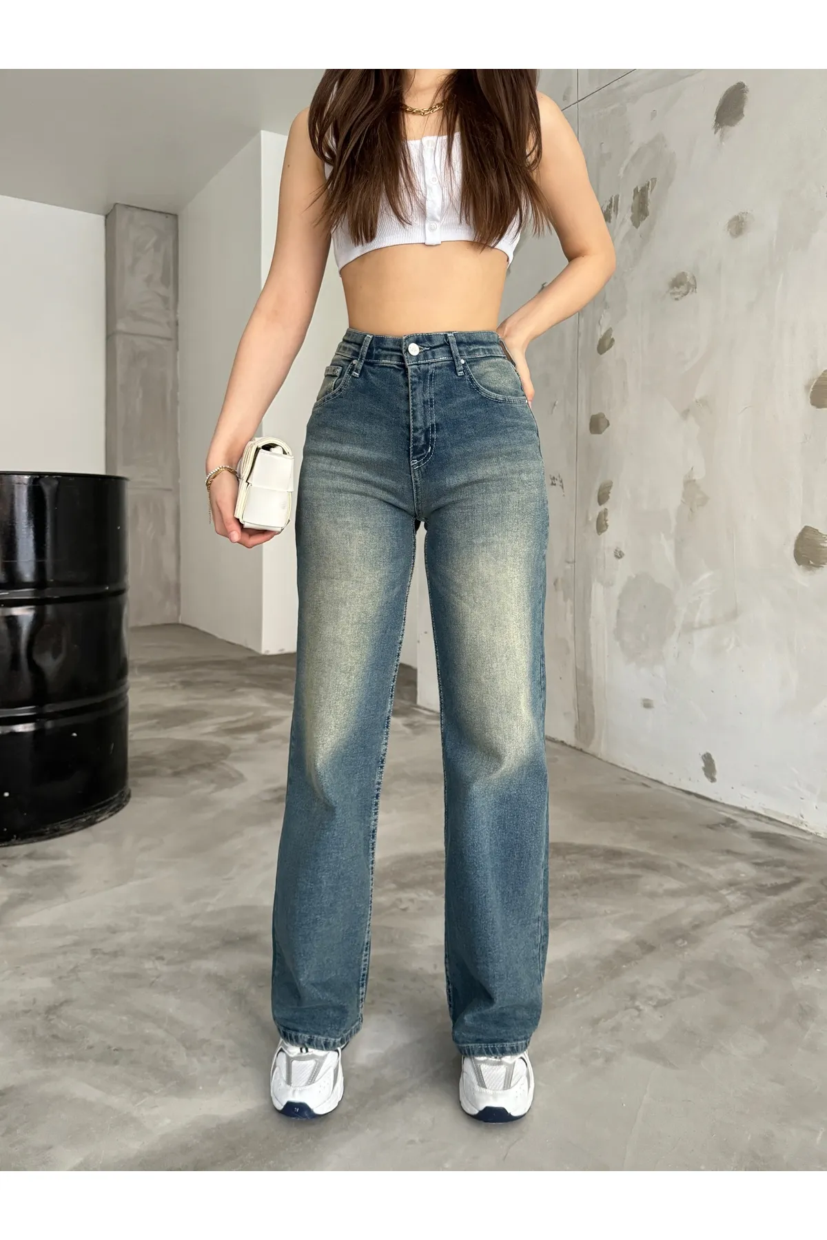 BİKELİFE  Damen-Jeans im Vintage-Stil mit hoher Taille und weitem Bein in hellem Effekt