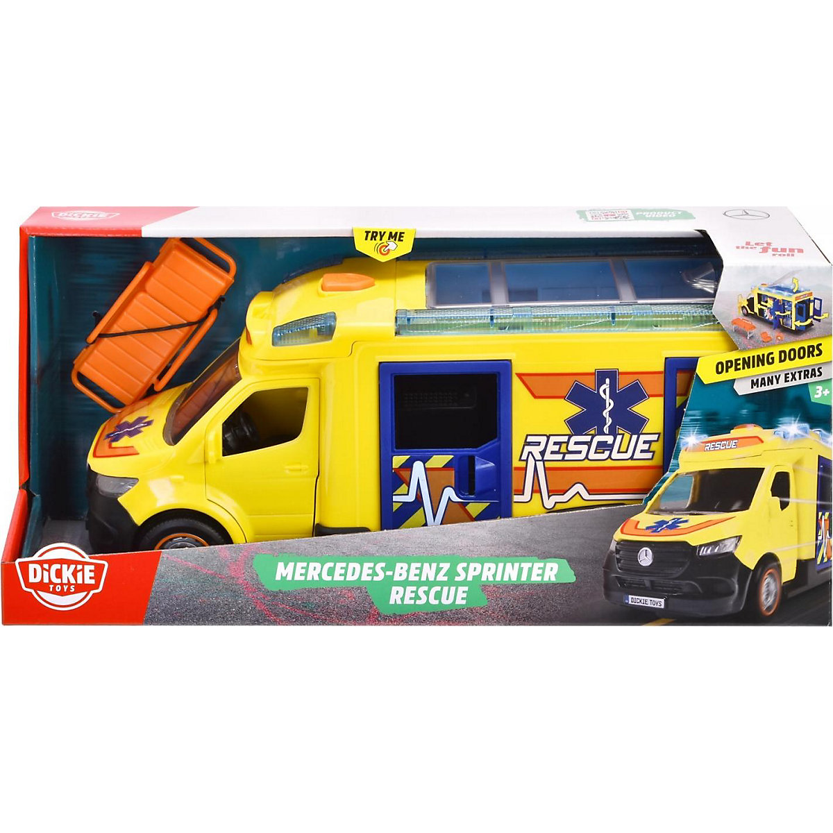 Rettungswagen Mercedes-Benz Sprinter Rescue mit Sirene, Blaulicht & Krankenwagen-Zubehör, 34,5 cm