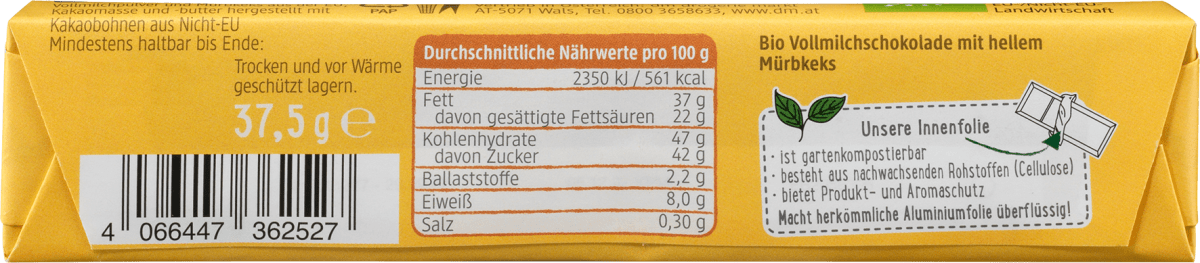 Schokoriegel, Vollmilch Keks, 37,5 g