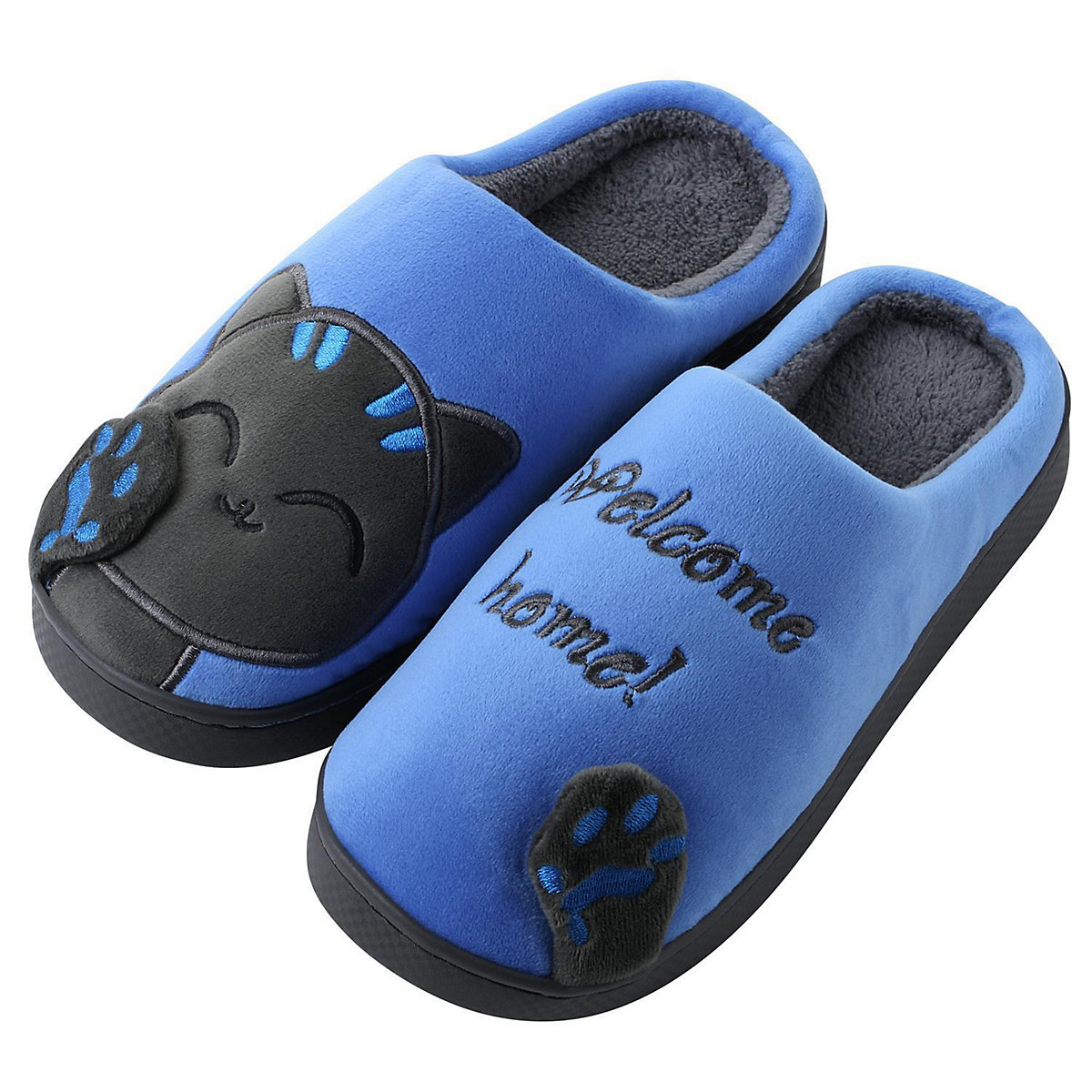 Plüsch Hausschuh Pantoffel Katze blau