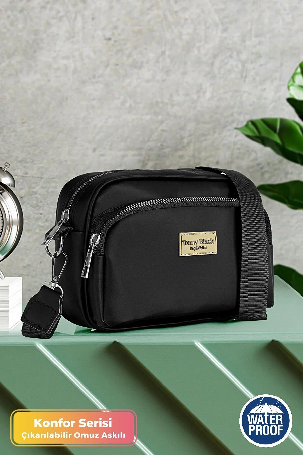 Tonny Black  Original Damen-Umhängetasche mit bequemem Säulengurt, diagonal verstellbarem Gurt und zwei Ösen, wasserdicht