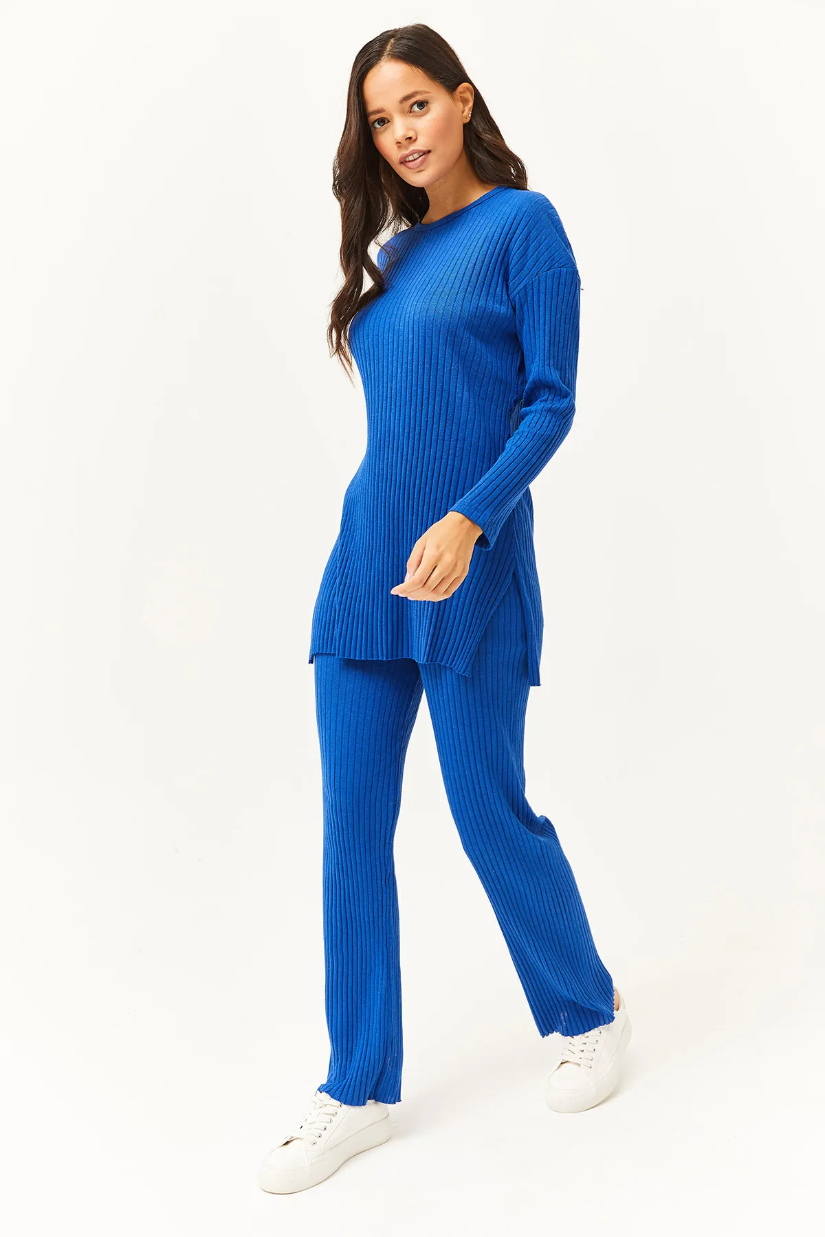 Olalook  Damen Saks Blau Oberteil Schlitz Bluse Unterteil Palazzo Kordelzug Anzug TKM-19000180