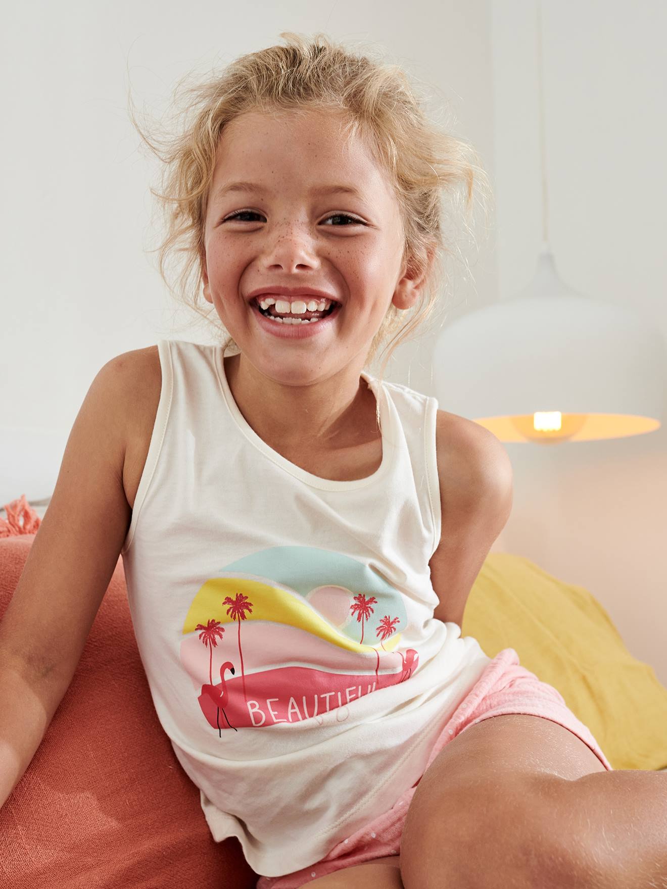 Pyjashort fille flamant rose en gaze pur coton rose