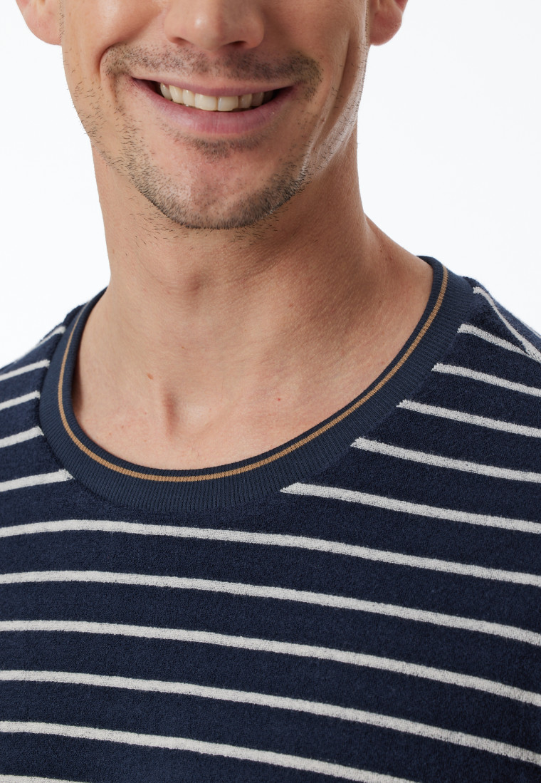 Schlafanzug lang Frotttee Bündchen Streifen nachtblau - Casual Nightwear
