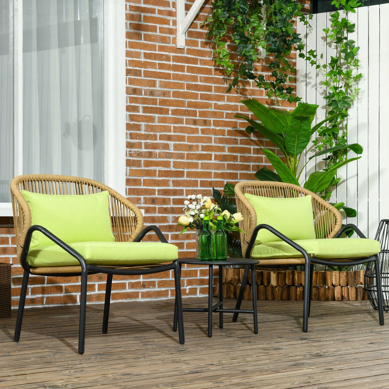 Outsunny Rattan Gartenmöbel-Set Gartengarnitur mit 2 Stühlen, Beistelltisch