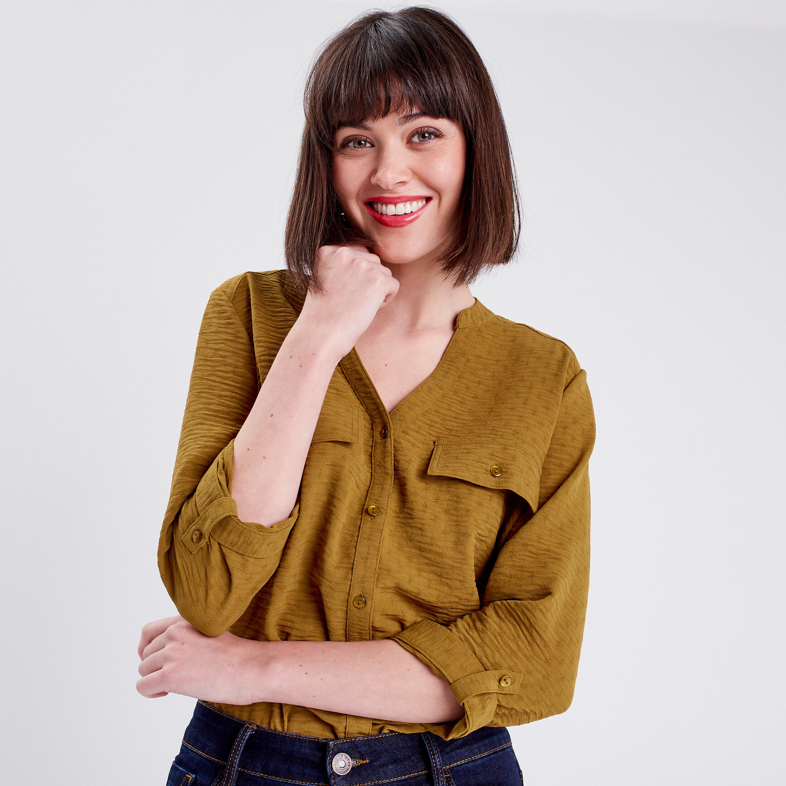Chemise manches 3/4 vert olive femme | Cache Cache