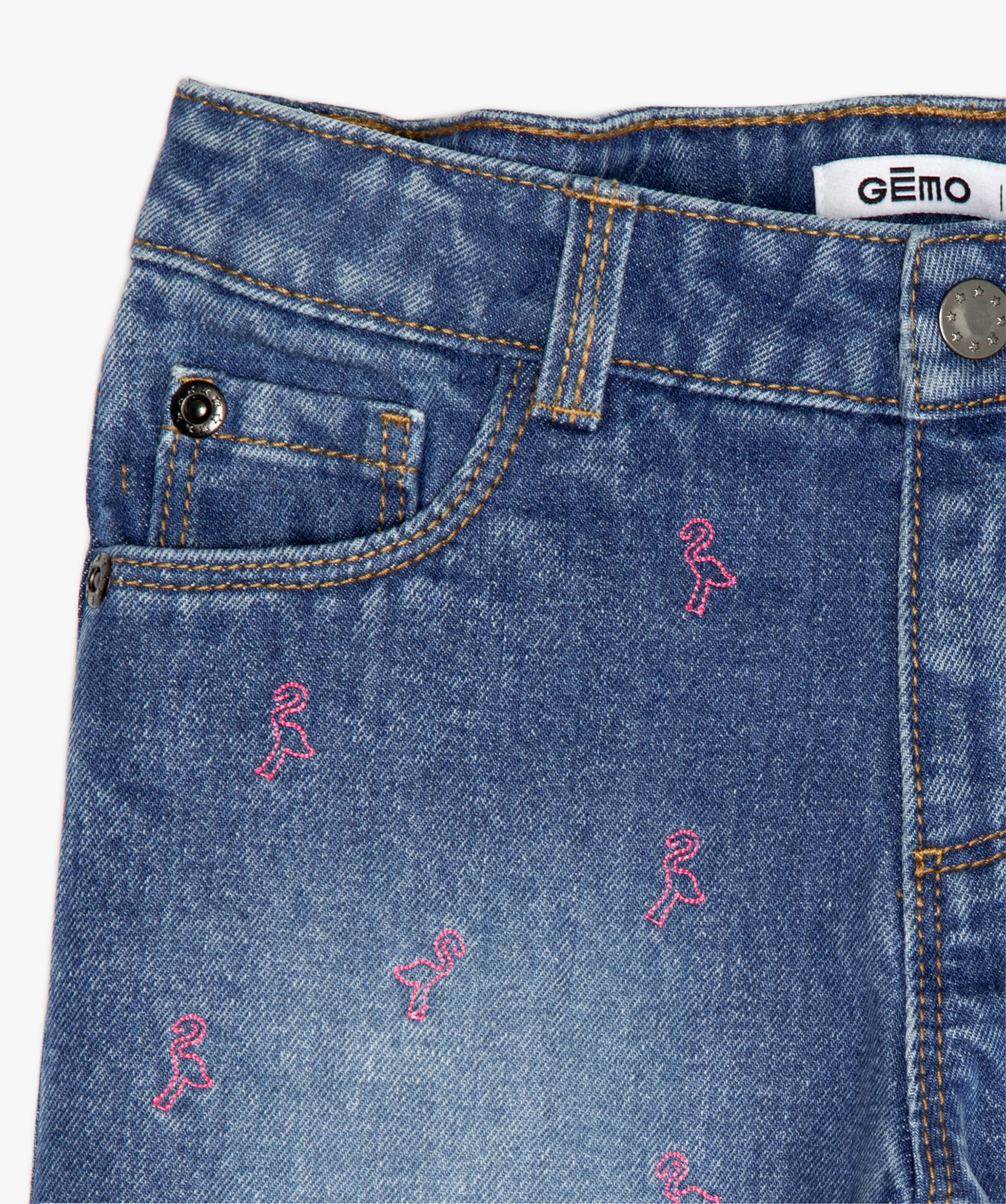 Short fille en jean avec petits motifs brodés et franges denim | GEMO