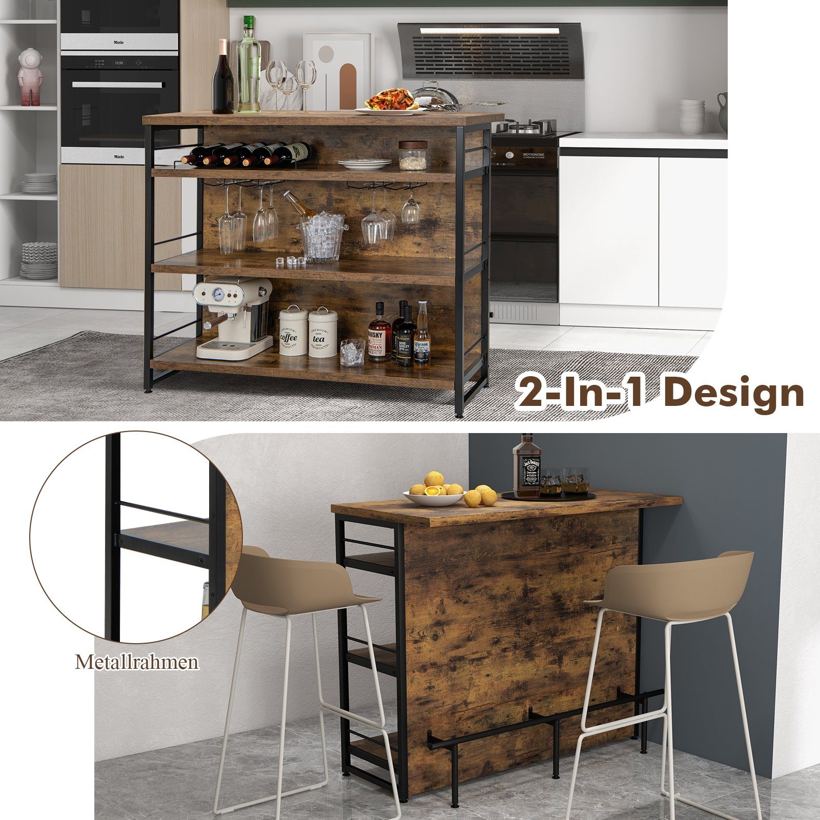 COSTWAY Bartisch, Küchenregal mit Weinregal & Gläserhalter, 120x60x101cm