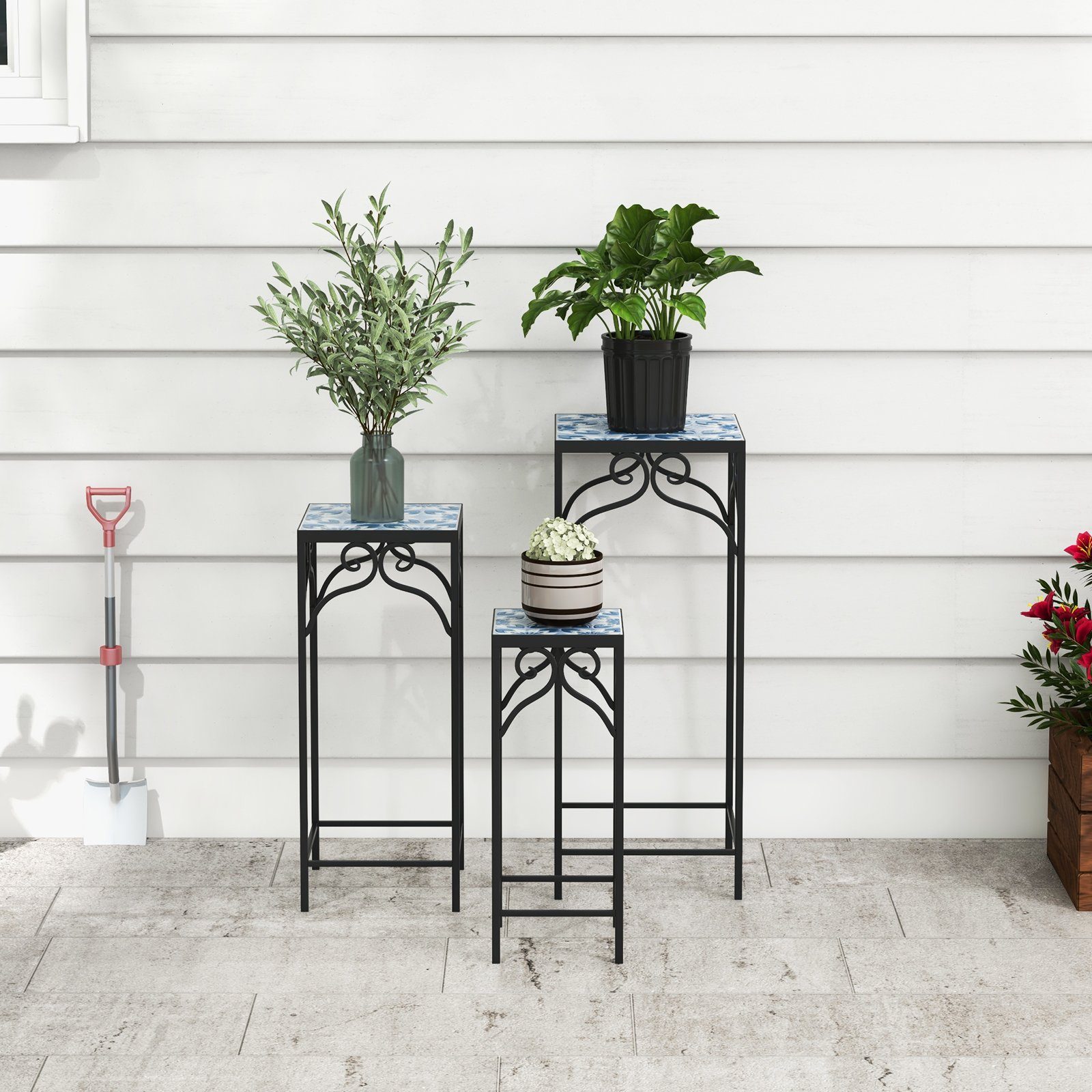 COSTWAY Blumenständer (3 St), Blumenhocker, Quadratisch, aus Metall, Blau