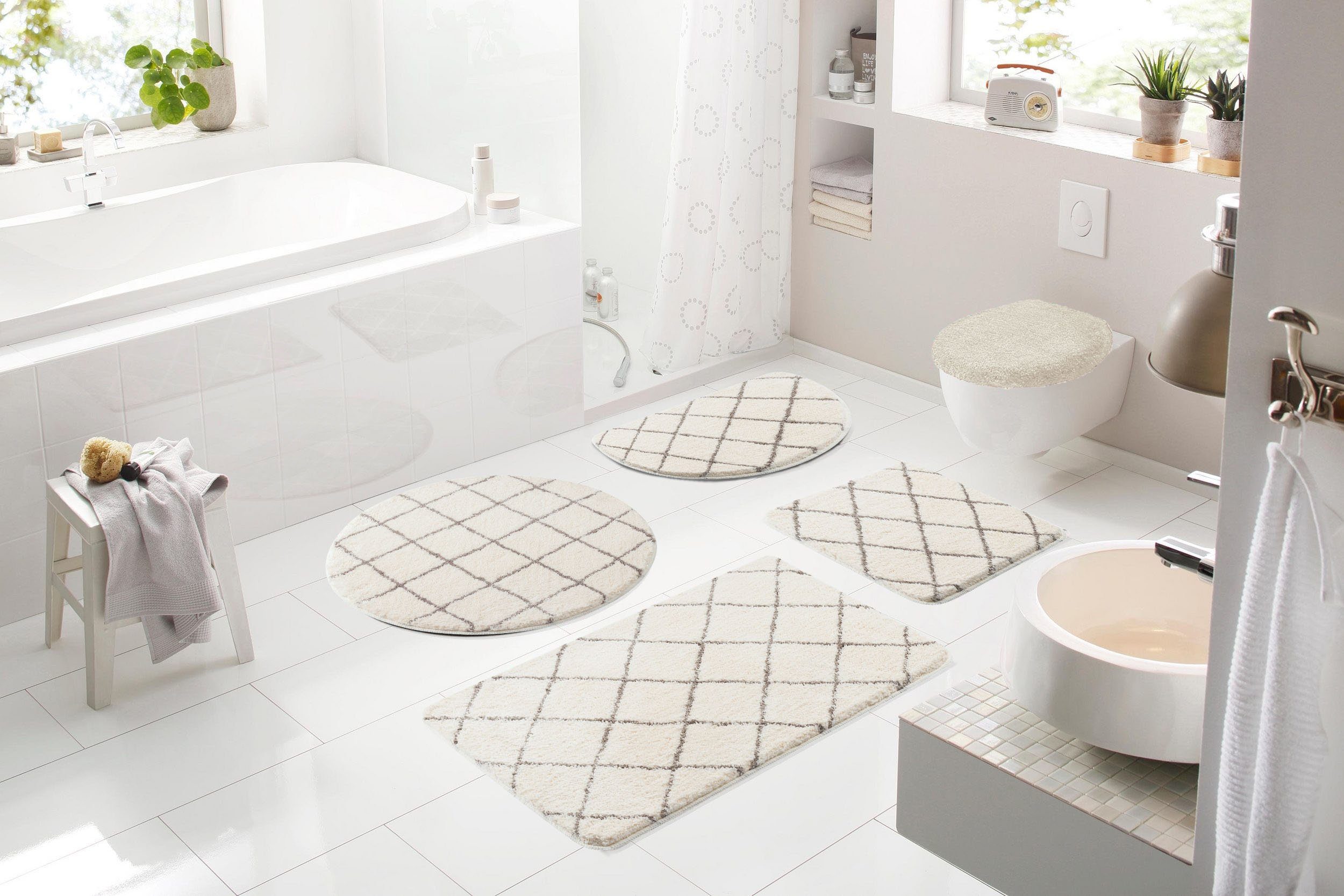 Badematte Bella Leonique, Höhe 25 mm, rutschhemmend beschichtet, fußbodenheizungsgeeignet, schnell trocknend, strapazierfähig, Polyester, rechteckig, weich, Rauten-Design, moderne Badematten, rund & rechteckig erhältlich