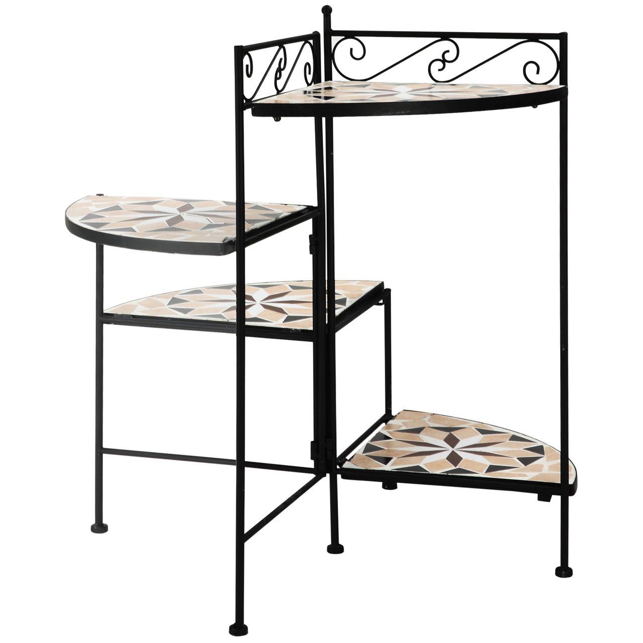 Outsunny Blumenständer 4-Stufe-Blumentreppe faltbar dekorative für Innen und Außen Garten Balkon Metall Keramikfliesen Schwarz Beige 64 x 64 x 72 cm
