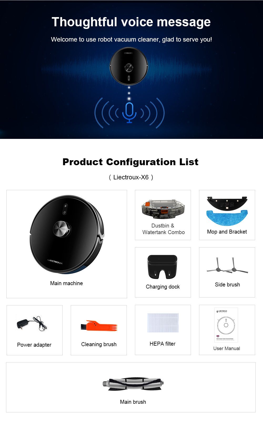 LIECTROUX Nass-Trocken-Saugroboter X6 Smart Robotic Cleaner mit erweiterten Funktionen, 40,00 W, Beutellos, 40 W, 2100 PA, 3 Saugmodi, HEPA, Y-Pfad-Schrubben, Anti-Fall, 40