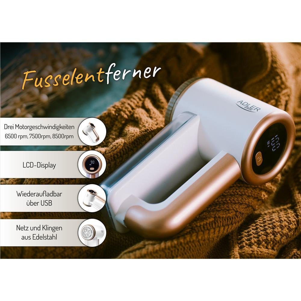 Adler Fusselrasierer AD 9617, Fusselentferner, Elektrisch, für Kleidung, USB, weiß, gold