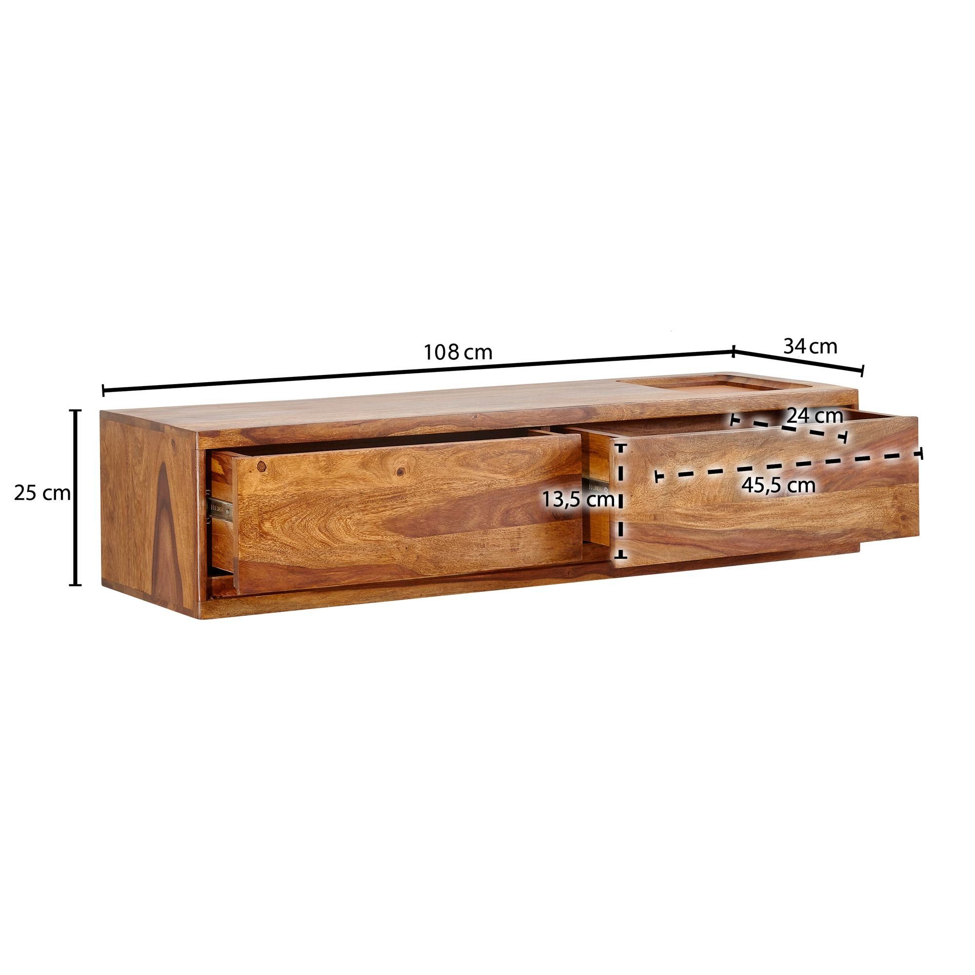 FINEBUY Lowboard FB79721 (Lowboard Hängend Sheesham Massivholz 108x25x34 cm), TV-Schrank mit Stauraum, Fernsehkommode Modern