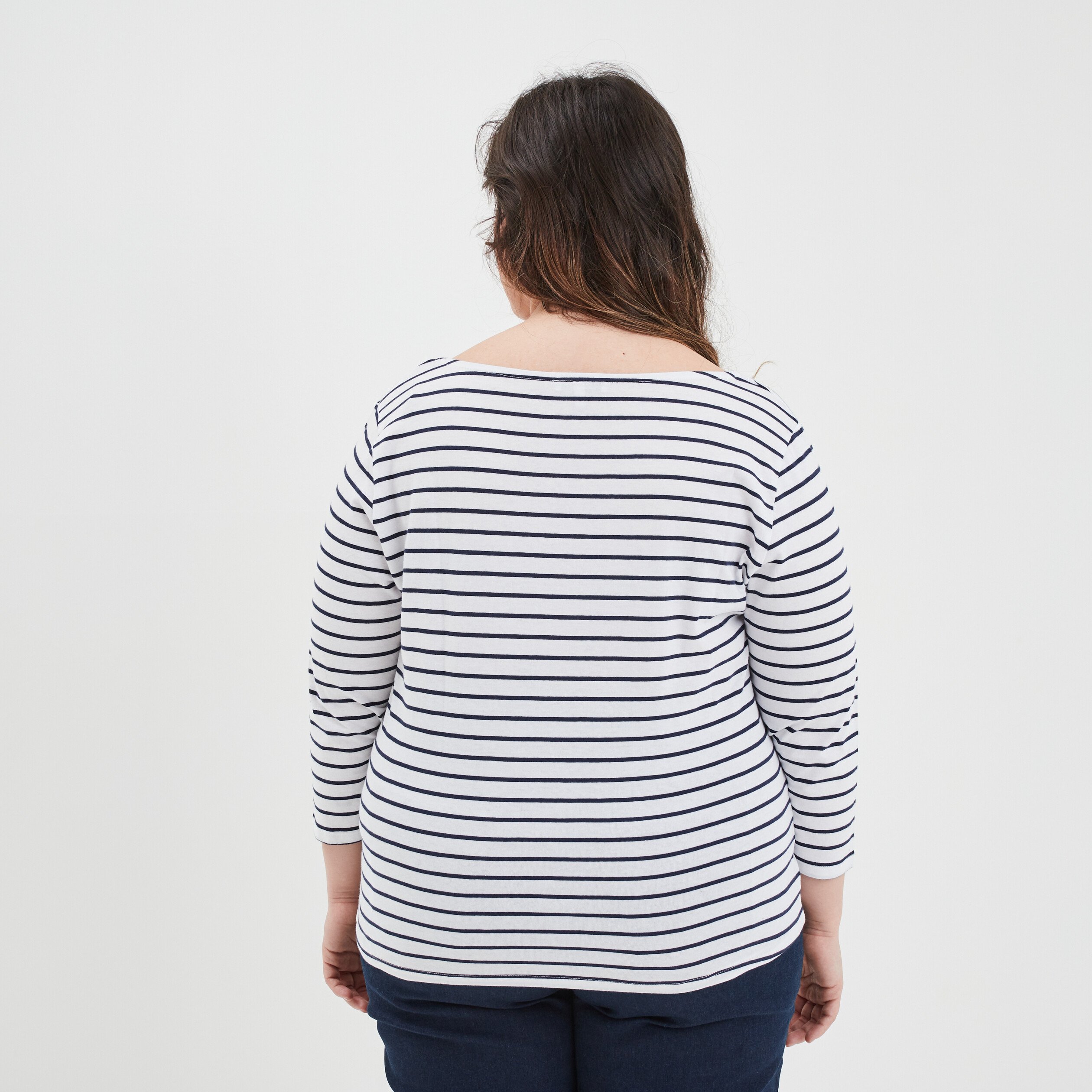 T-shirt marinière col rond manches 3 4 ivoire femme grande taille | La Halle