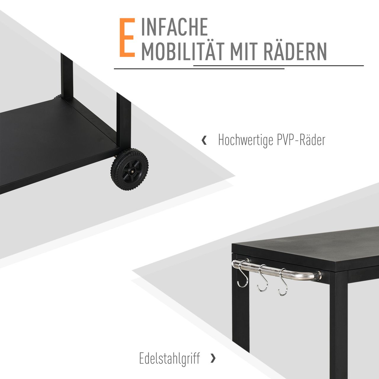 HOMCOM Küchenwagen mit Rollen, Servierwagen, Rollwagen mit Haken und Edelstahlgriffe, Küchentrolley, Schwarz, 128 x 46,5 x 86,5 cm