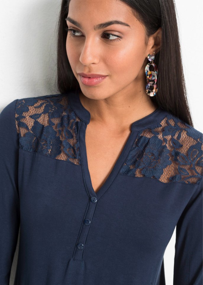Henleyshirt mit Spitzeneinsatz