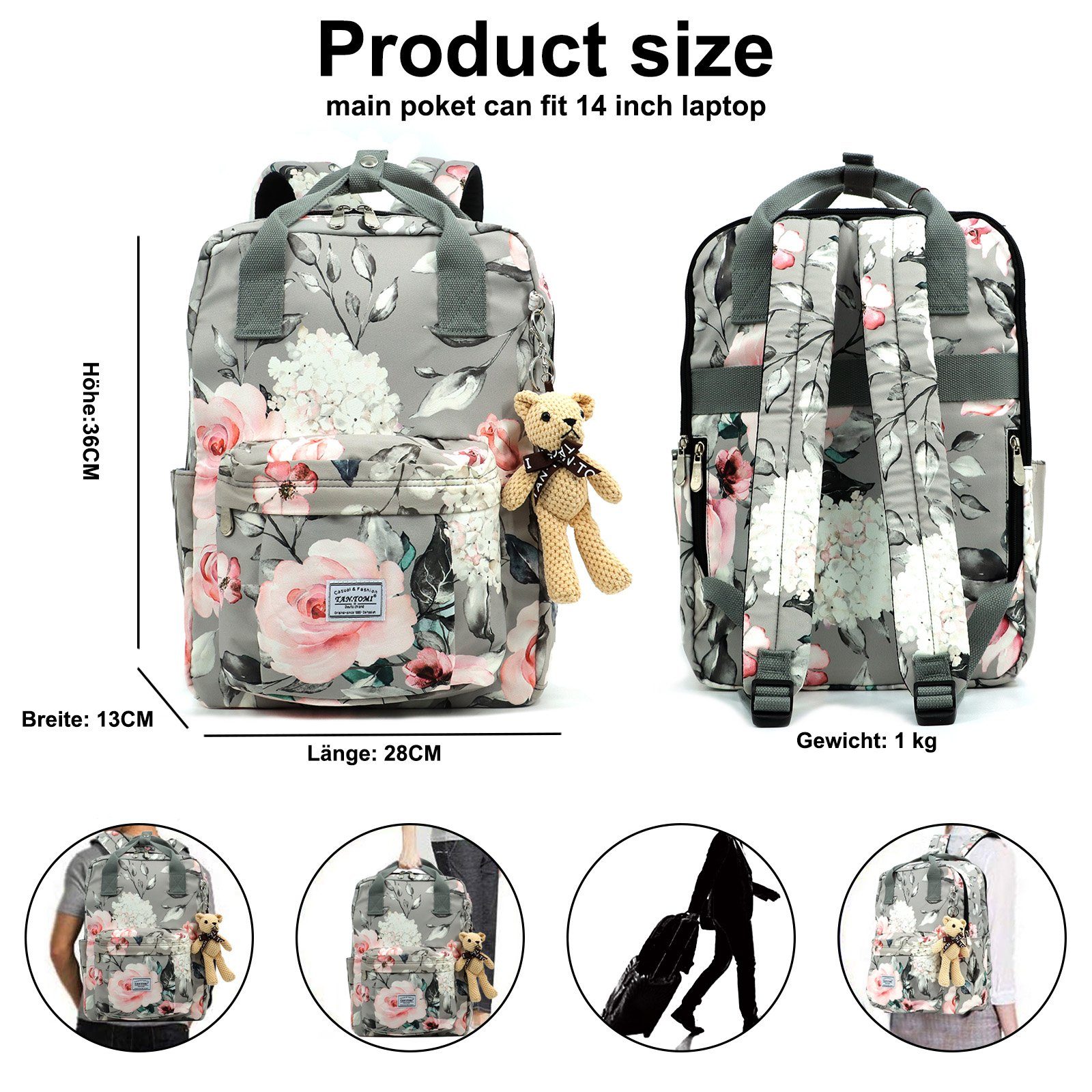 TAN.TOMI Schulrucksack Schulrucksäcke Damen Herren Tagesrucksack mit laptopfach, wasserdichte Mitgeliefert wird ein kleiner Teddybär-Anhänger