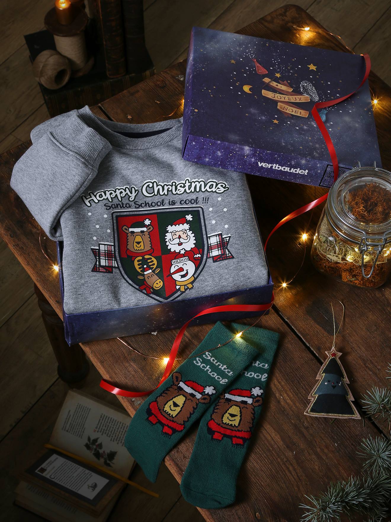 Coffret noël sweat blason et chaussettes garçon gris chiné