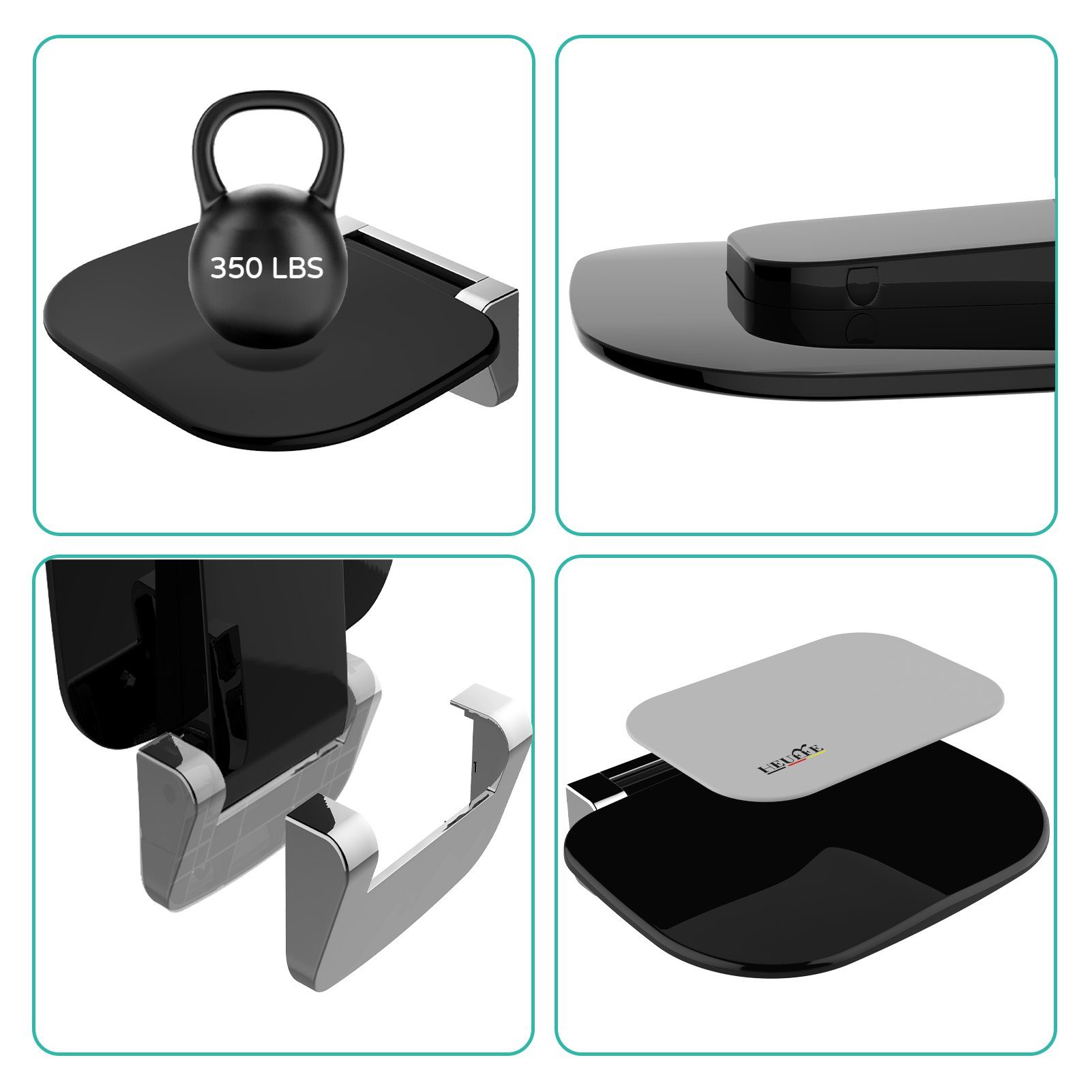 HEUFFE Duschklappsitz zur wandmontage, für Senioren & Kinder, klappbar, rechteckig, schwarz, belastbar bis 200,00 kg, modern, gebogenes Design, mit Anti-Rutsch-Polster, EUIPO-zertifiziert