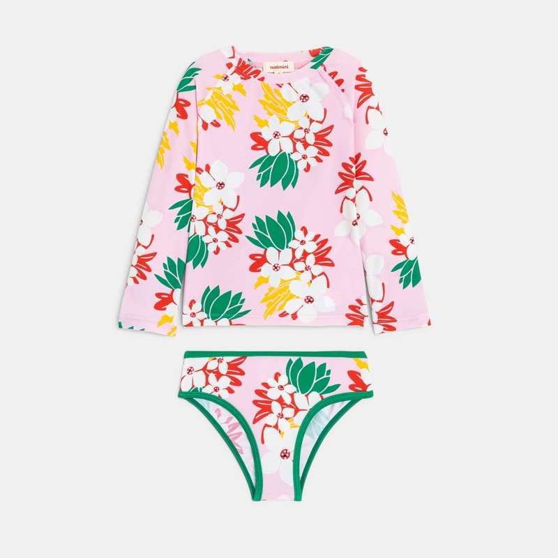 Maillot de bain t-shirt et culotte bébé fille rose fleurs exotiques Catimini