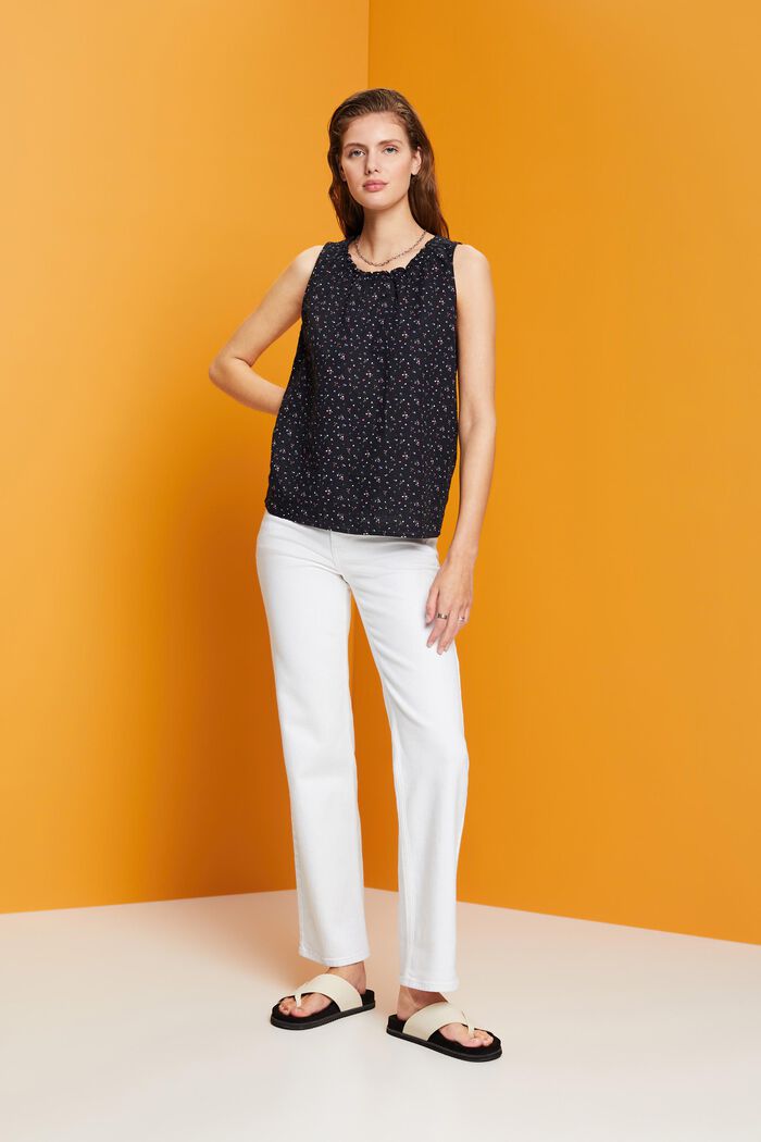 Ärmellose Leinenbluse mit floralem Print