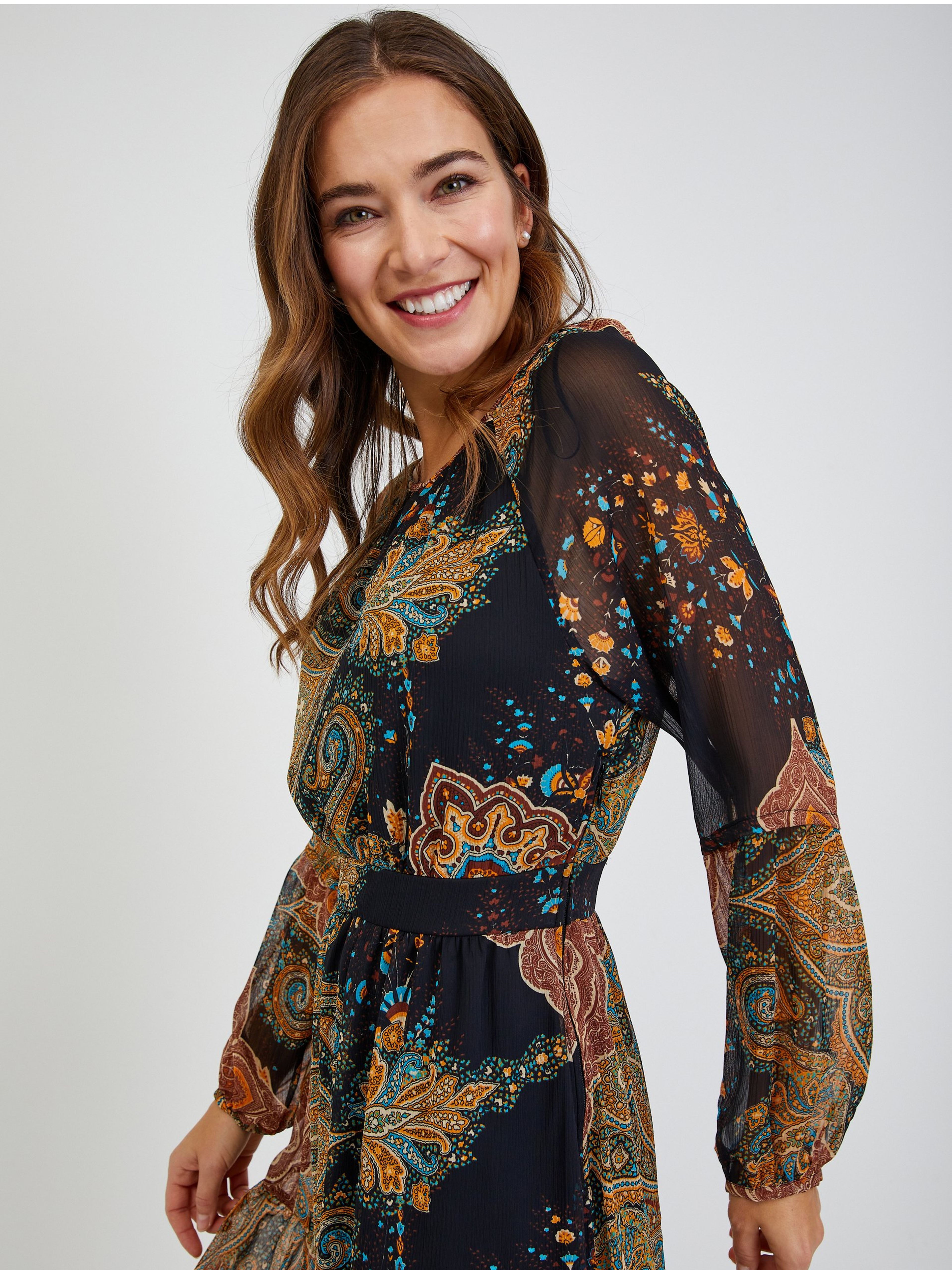 Schwarz-braun gemustertes Damenkleid ORSAY