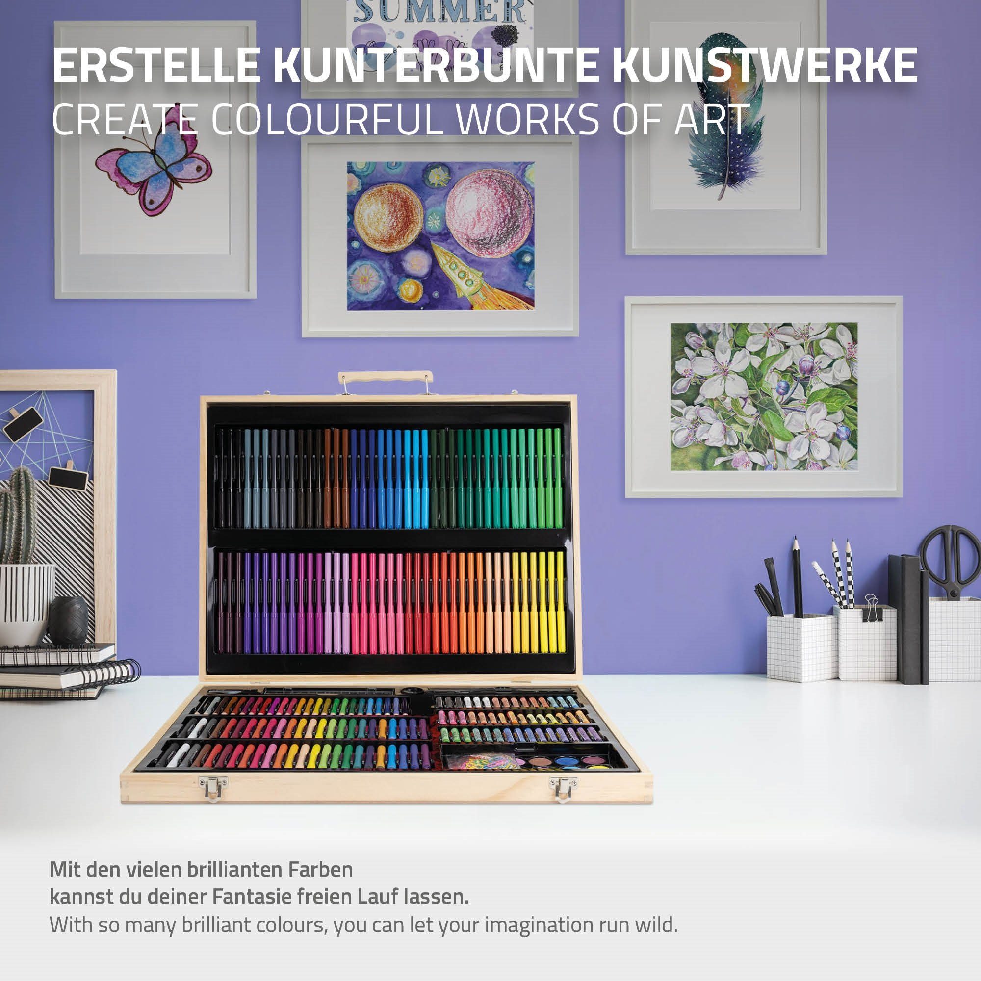 ECD Germany Malerset Malkoffer Künstler Set Zeichenset Pinselset, 220-Teilig Holzkoffer Filzstiften Wachsmalstiften Buntstiften