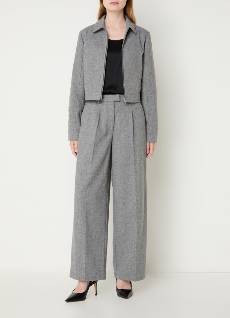 Modström Lissie high waist wide fit trousers in wool blend with herringbone pattern