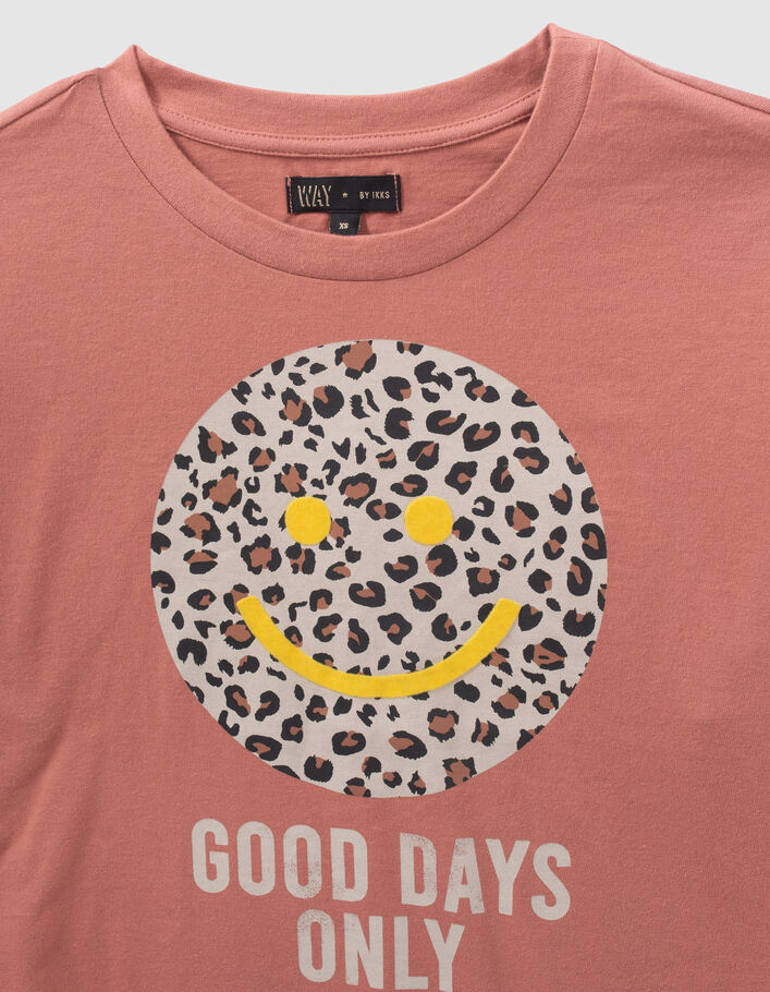 T-shirt terracotta sourire fond léopard fille