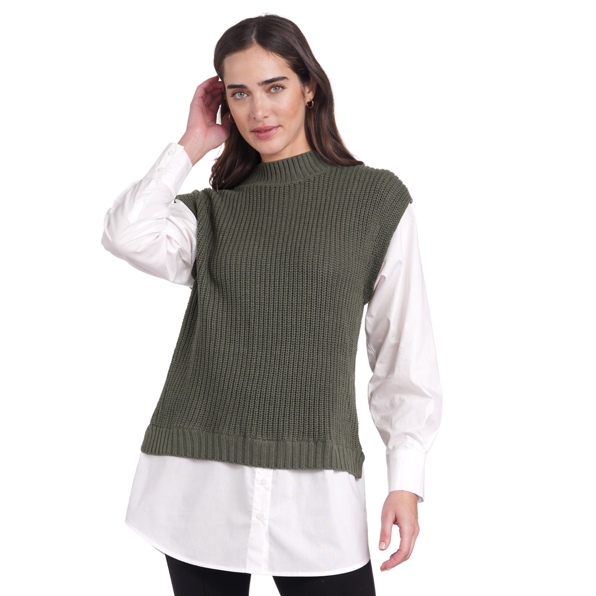 Damen Strickpullunder mit Bluseneinsatz