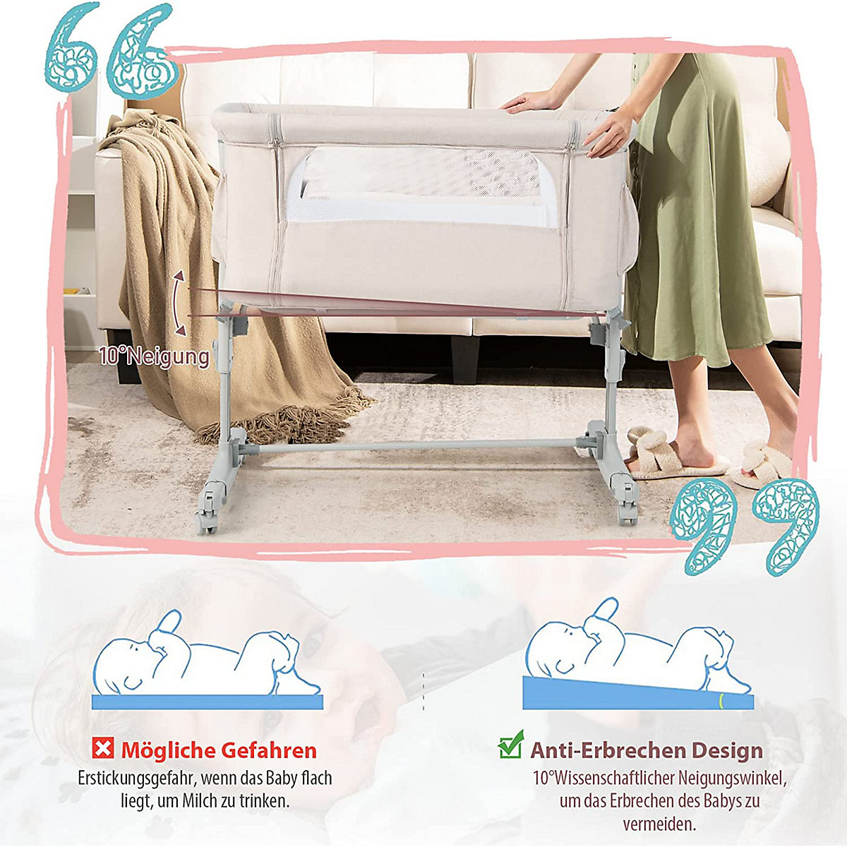 Beistellbett Babywiege inkl. Matratze Reisebett Höhenverstellbar