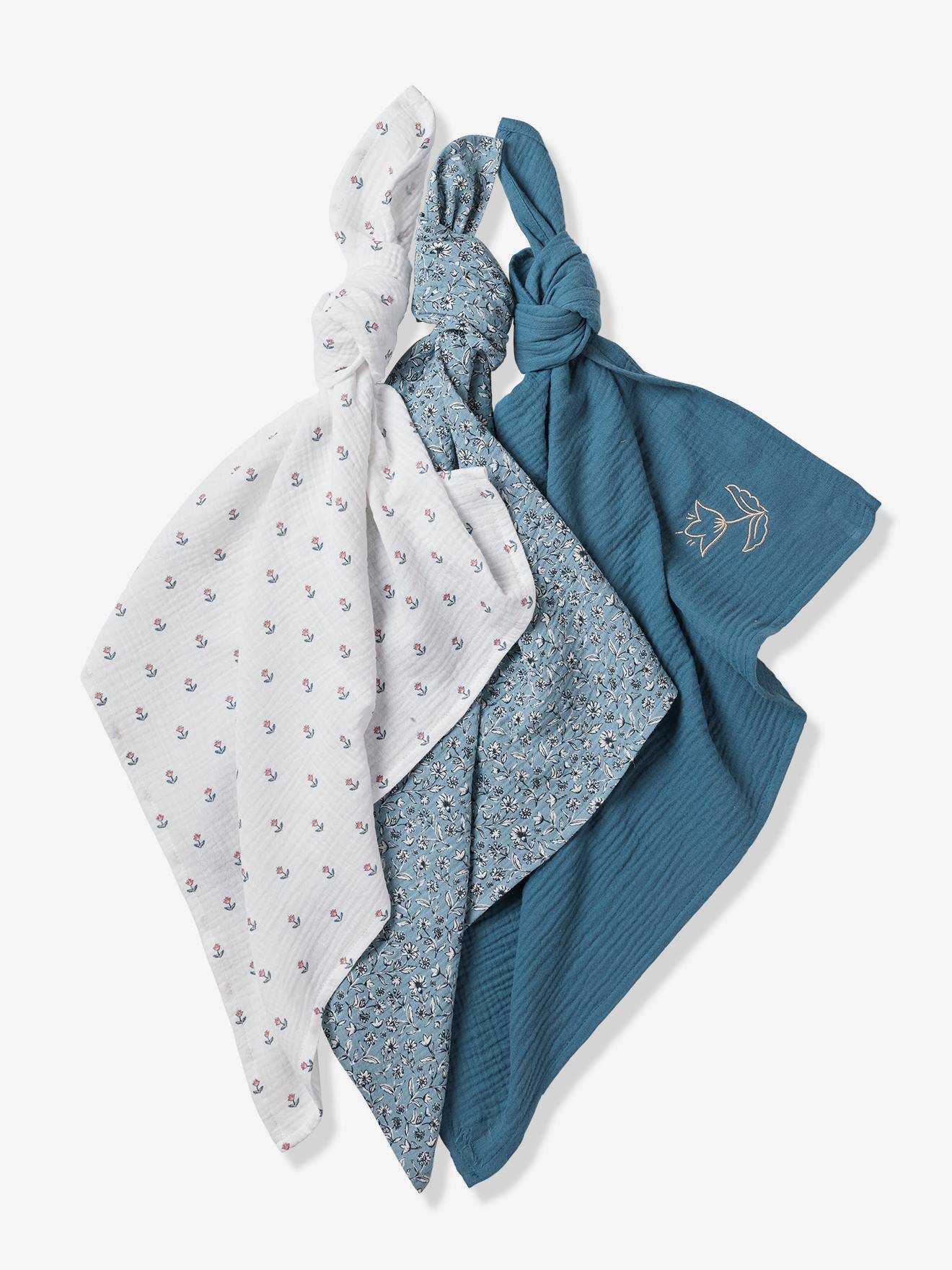 Vertbaudet 3er-Pack Baby Wickeltücher INDIEN BLUME Oeko-Tex - pack blau